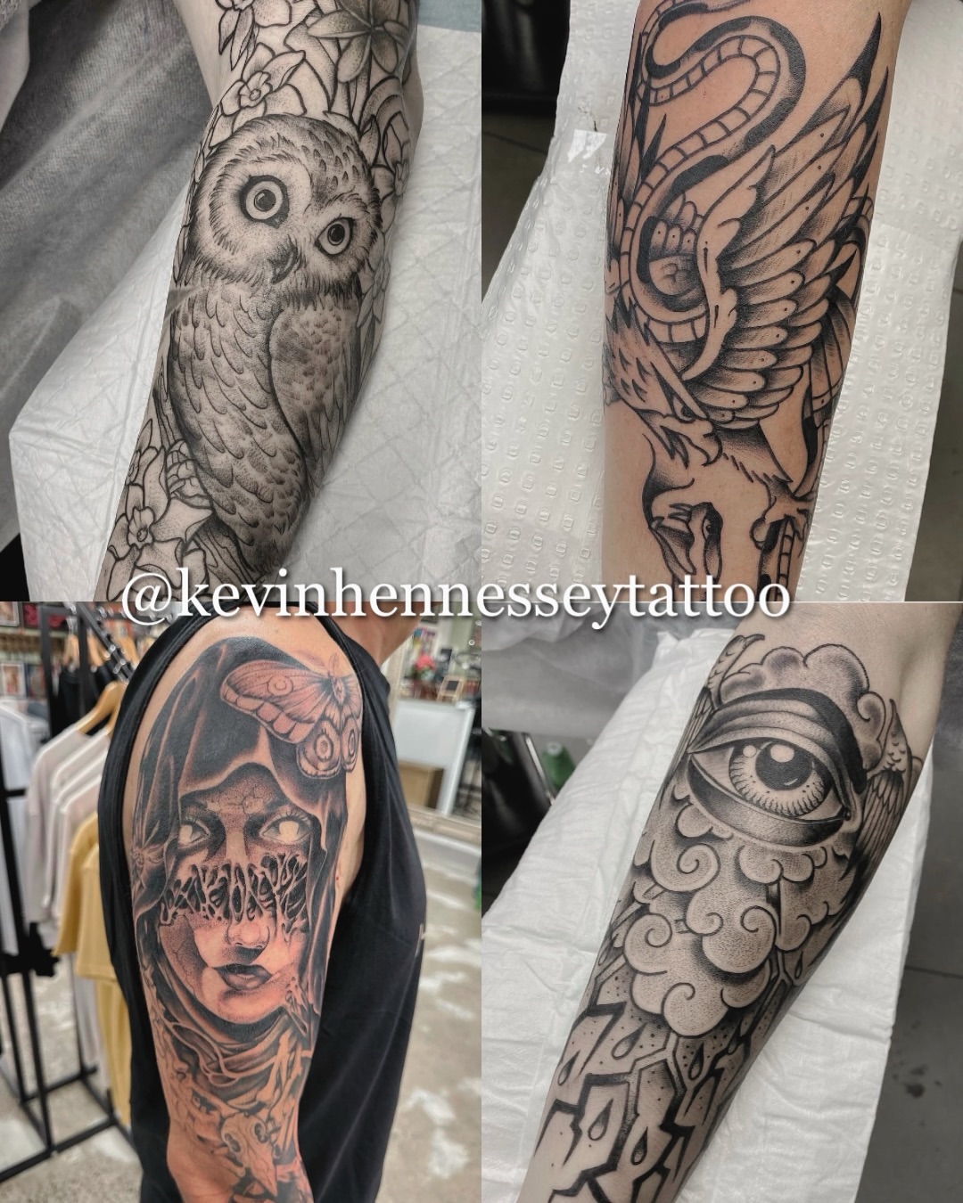Owl realism tattoo on the upper arm by Lyndsay Southgate
