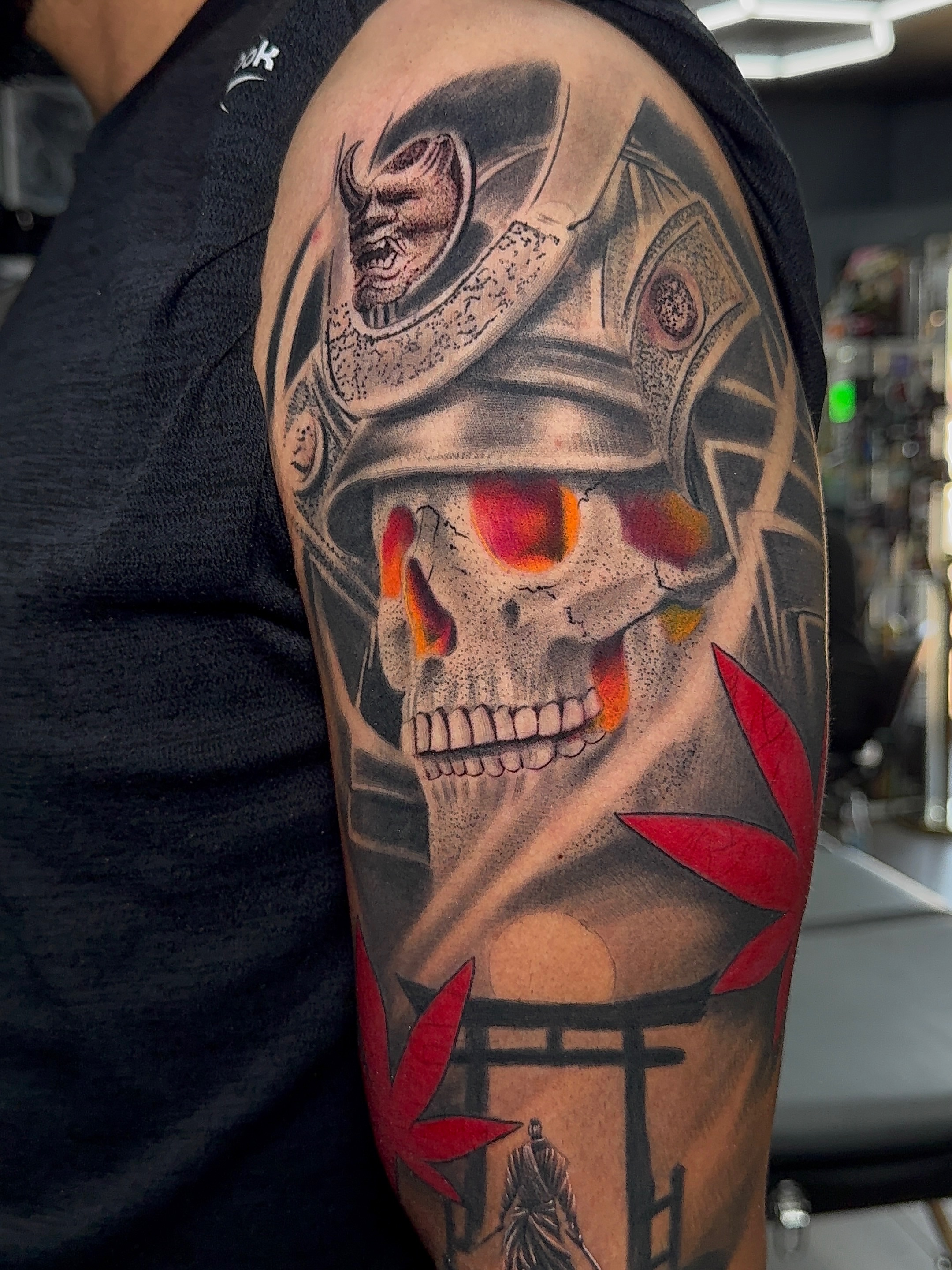 Samurai skull japanese irezumi tattoo on the forearm by Dallas tattoo artist, Dallas, Texas