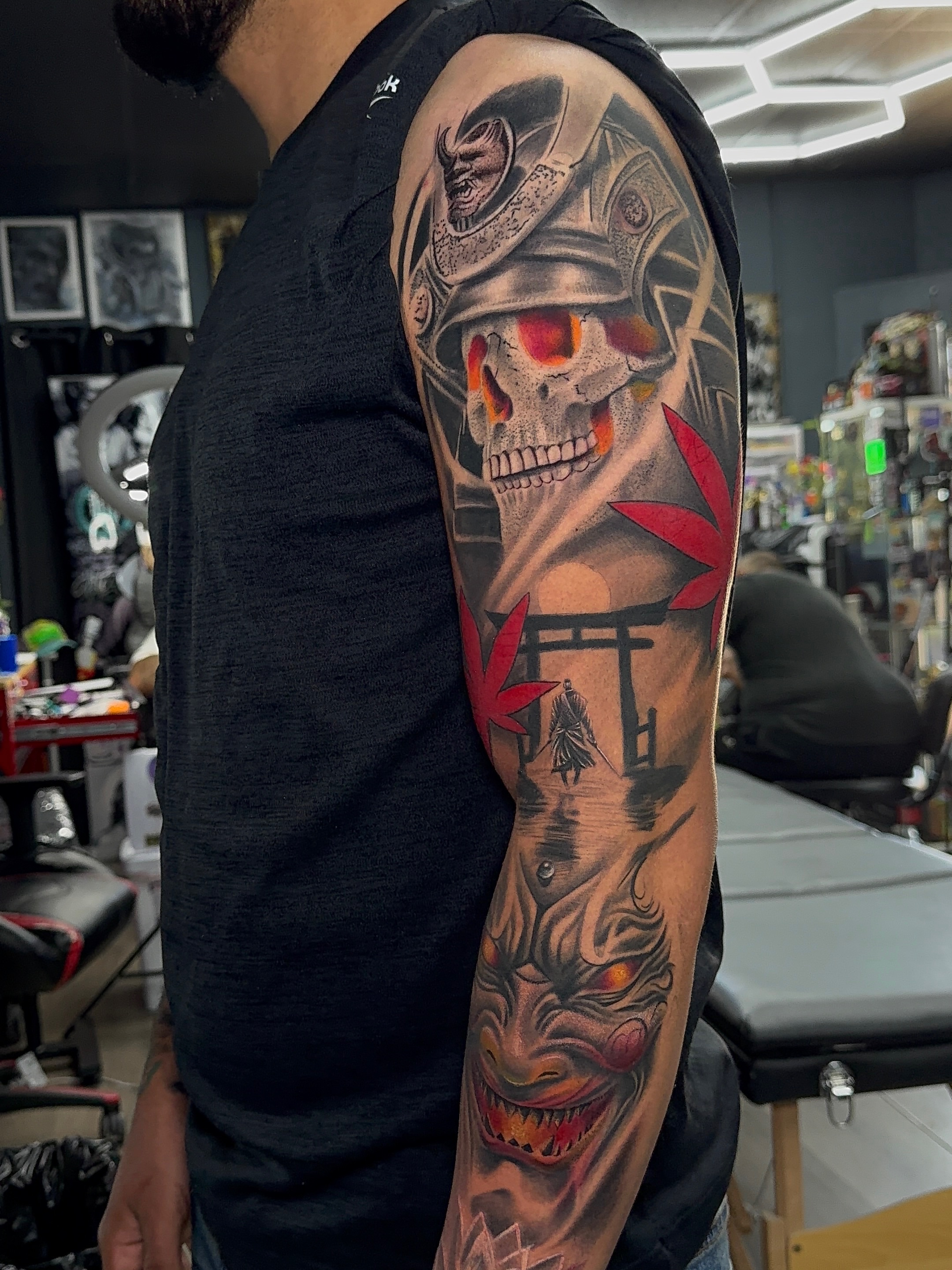 Samurai skull and torii gate japanese irezumi tattoo on the forearm by Dallas tattoo artist, Dallas, Texas