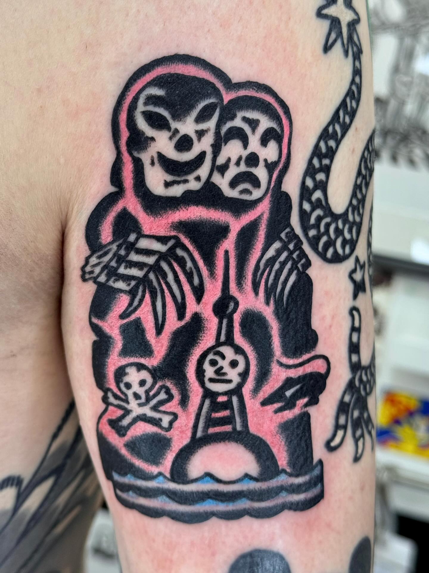 Skeleton couple American traditional tattoo on the forearm by JAX
