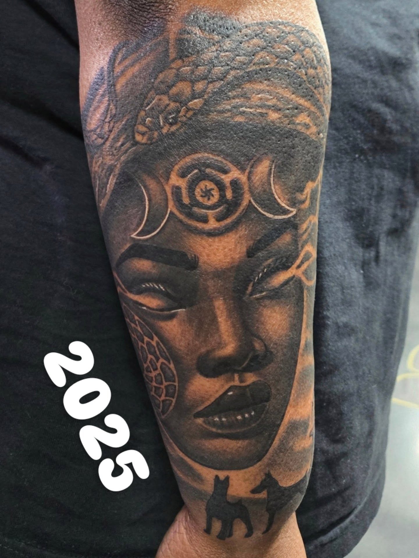 Woman's face realism tattoo on the forearm by Cee Vann, Greensboro, North Carolina
