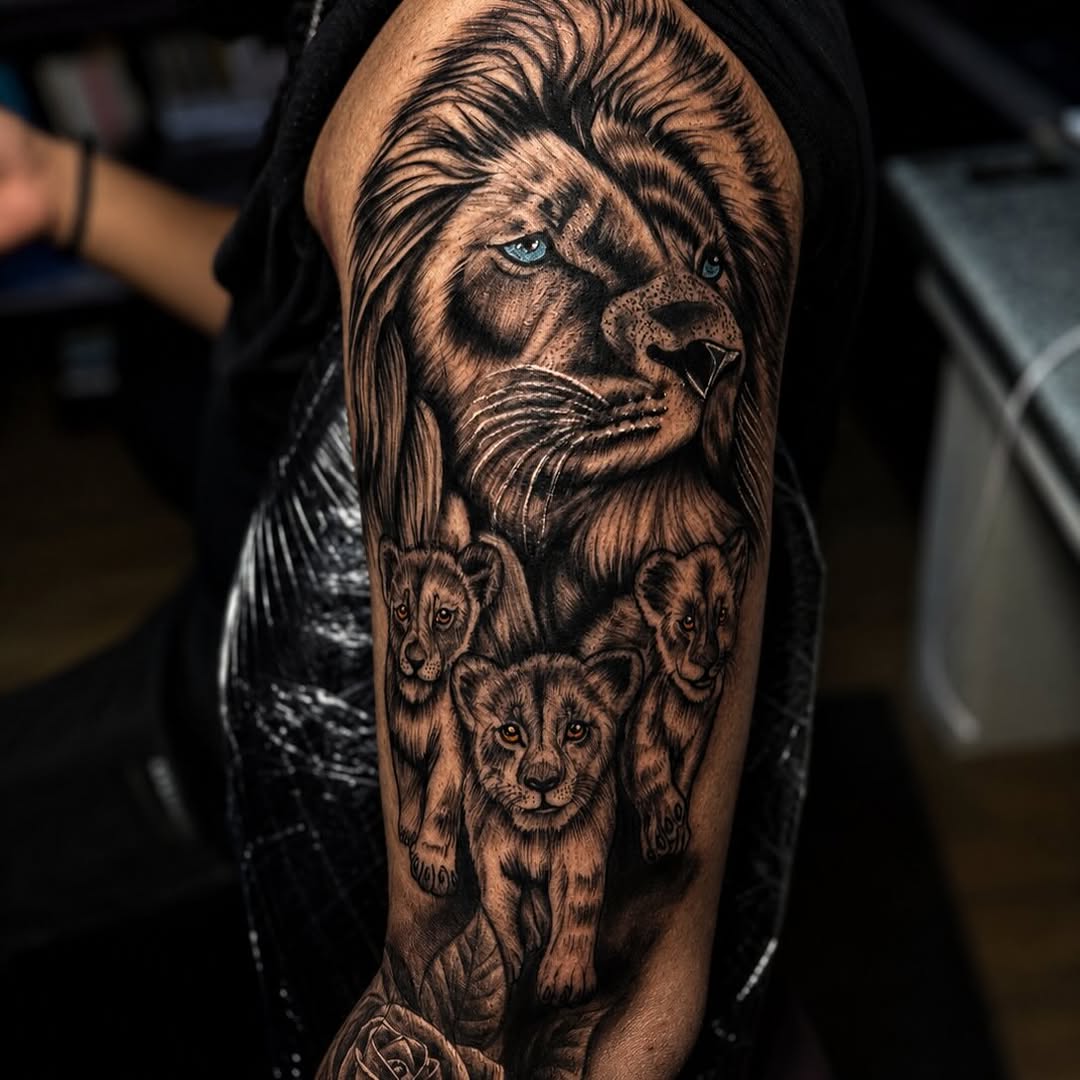 Lion and cubs realism tattoo on the forearm by PMU Artist