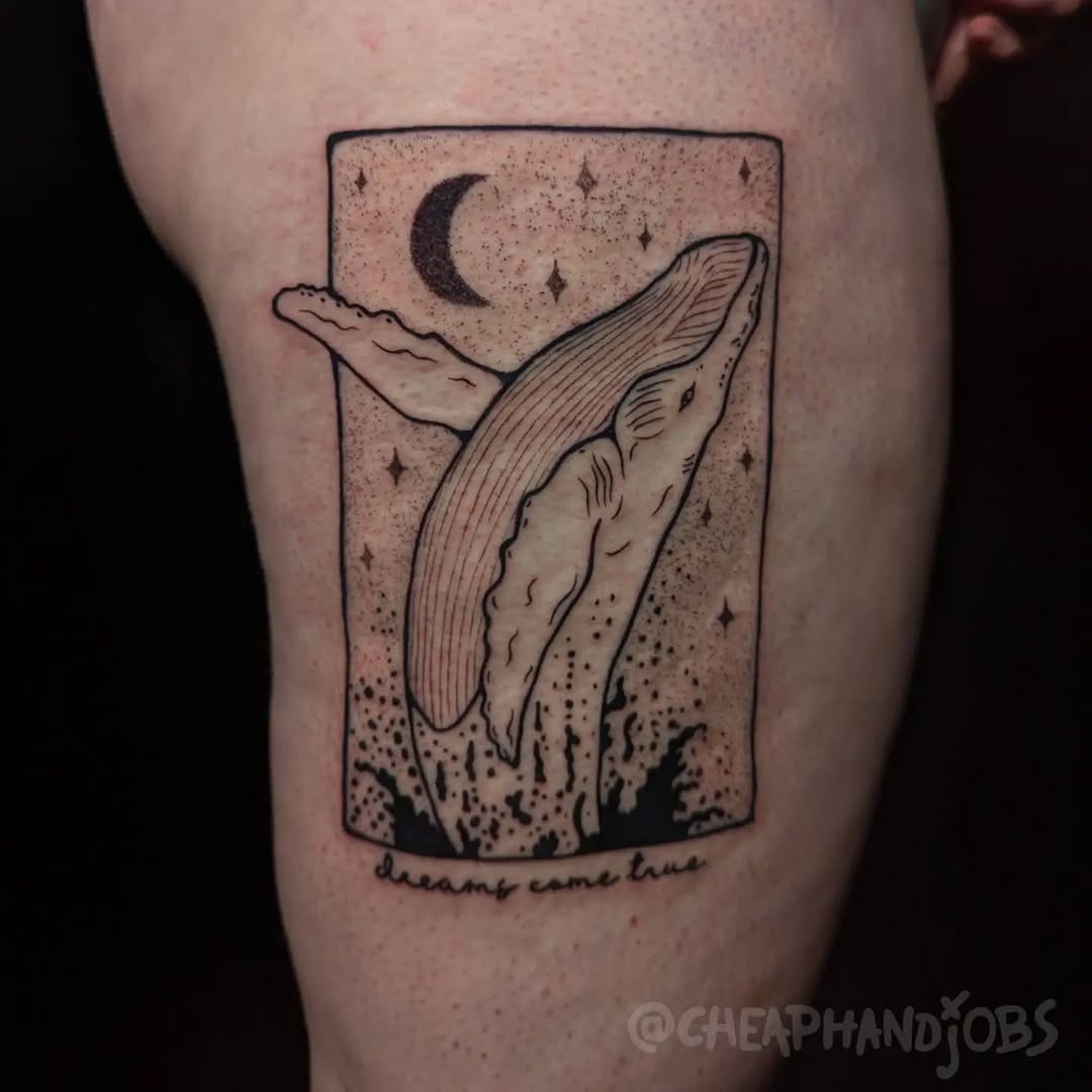 Fine line tattoo on the thigh by @cheaphandjobs, Leipzig, Germany