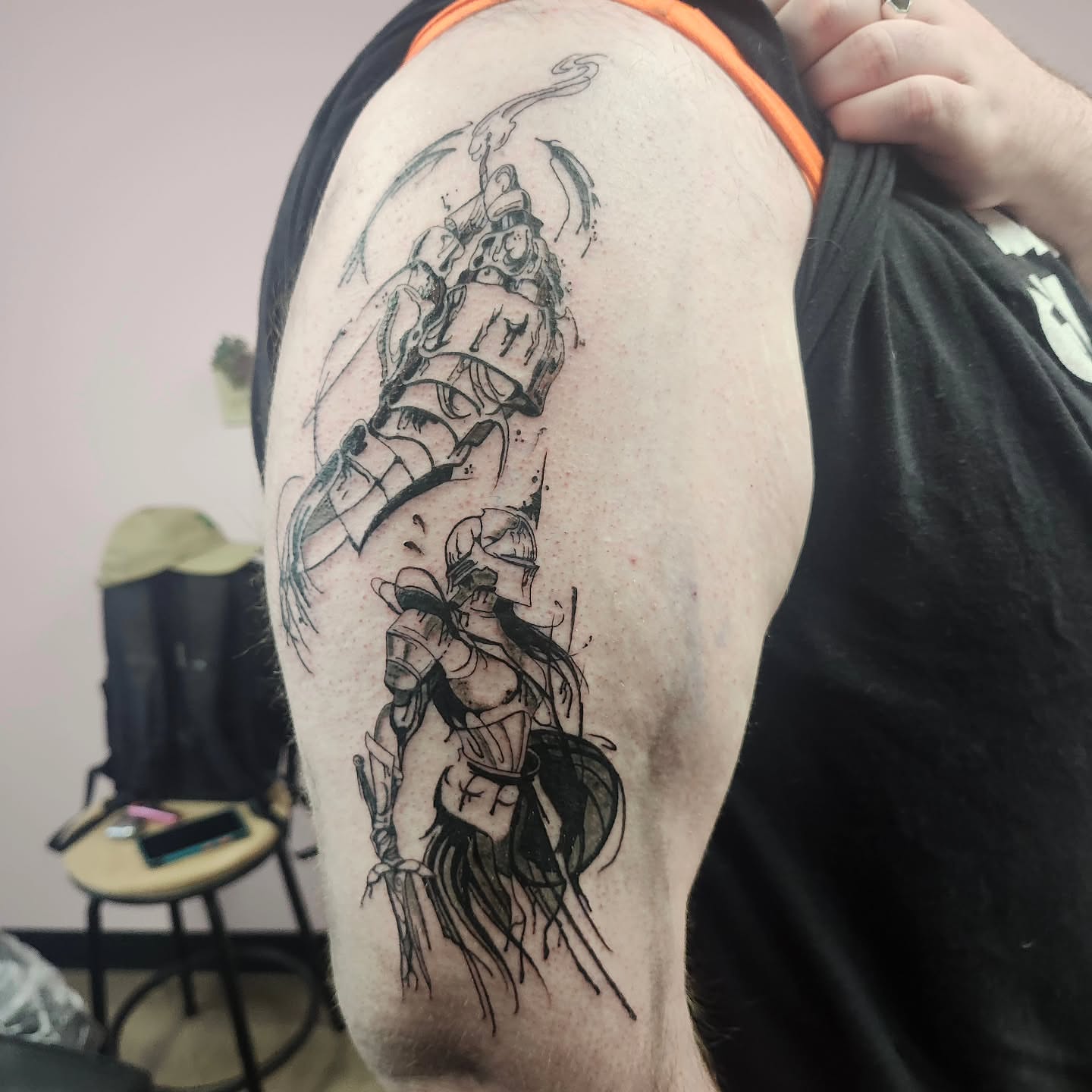 Warrior black and grey tattoo on the shoulder by Meredith 🎈 Tattoo the Bride ✝️