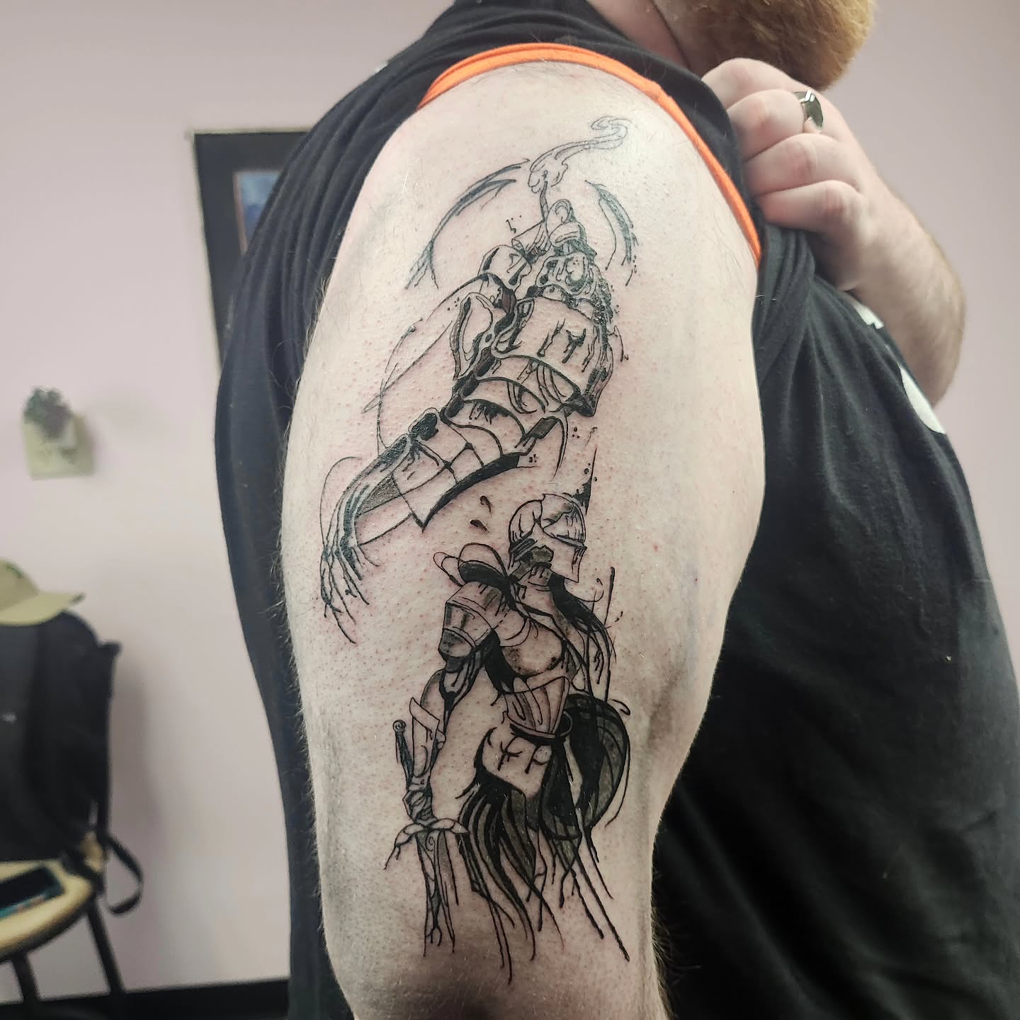 Warrior and dragon realism tattoo on the shoulder by Meredith 🎈 Tattoo the Bride ✝️