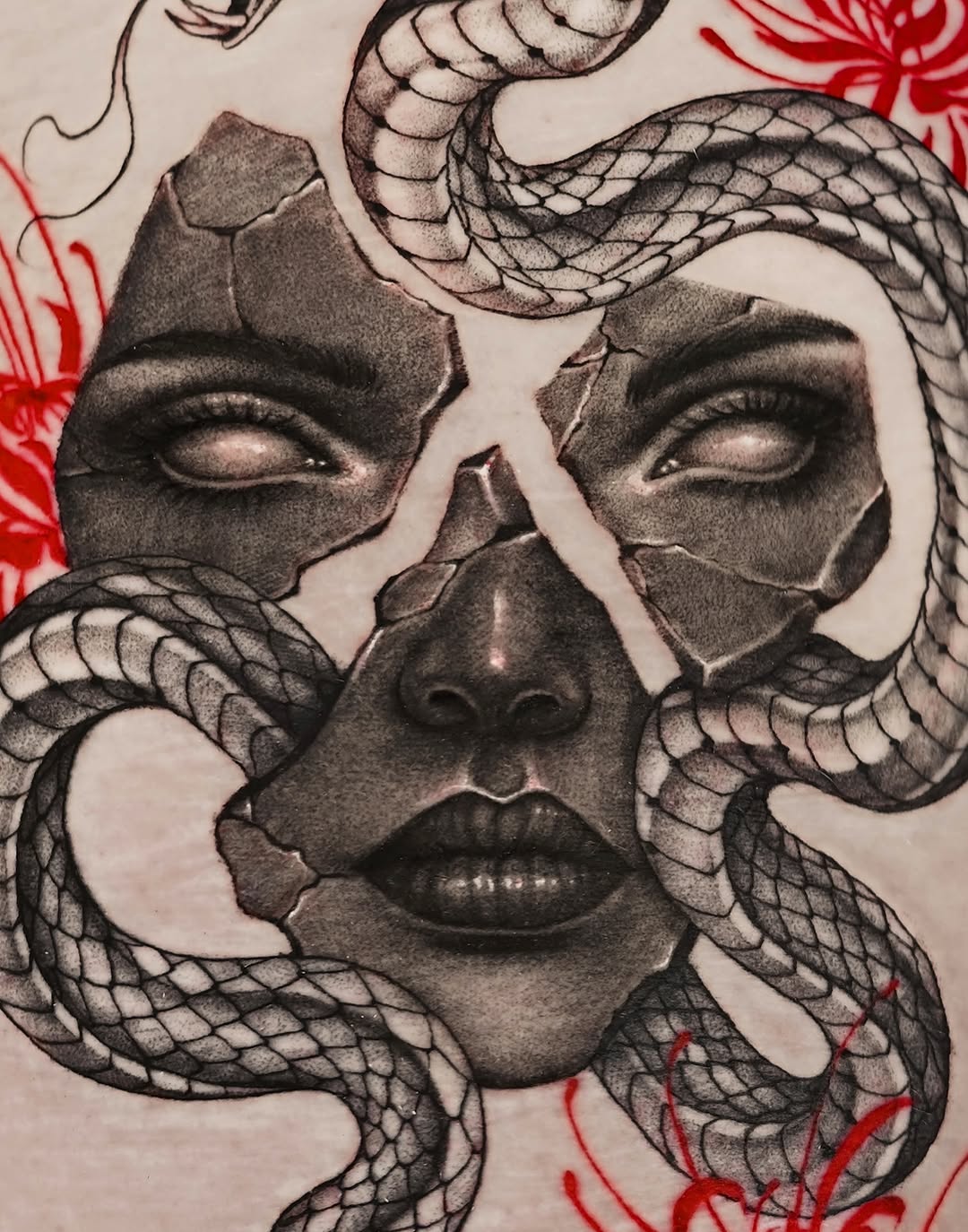 Medusa face with snakes realism tattoo on the head by hiba ⊹ atlanta tattoo artist, Johns Creek, Georgia