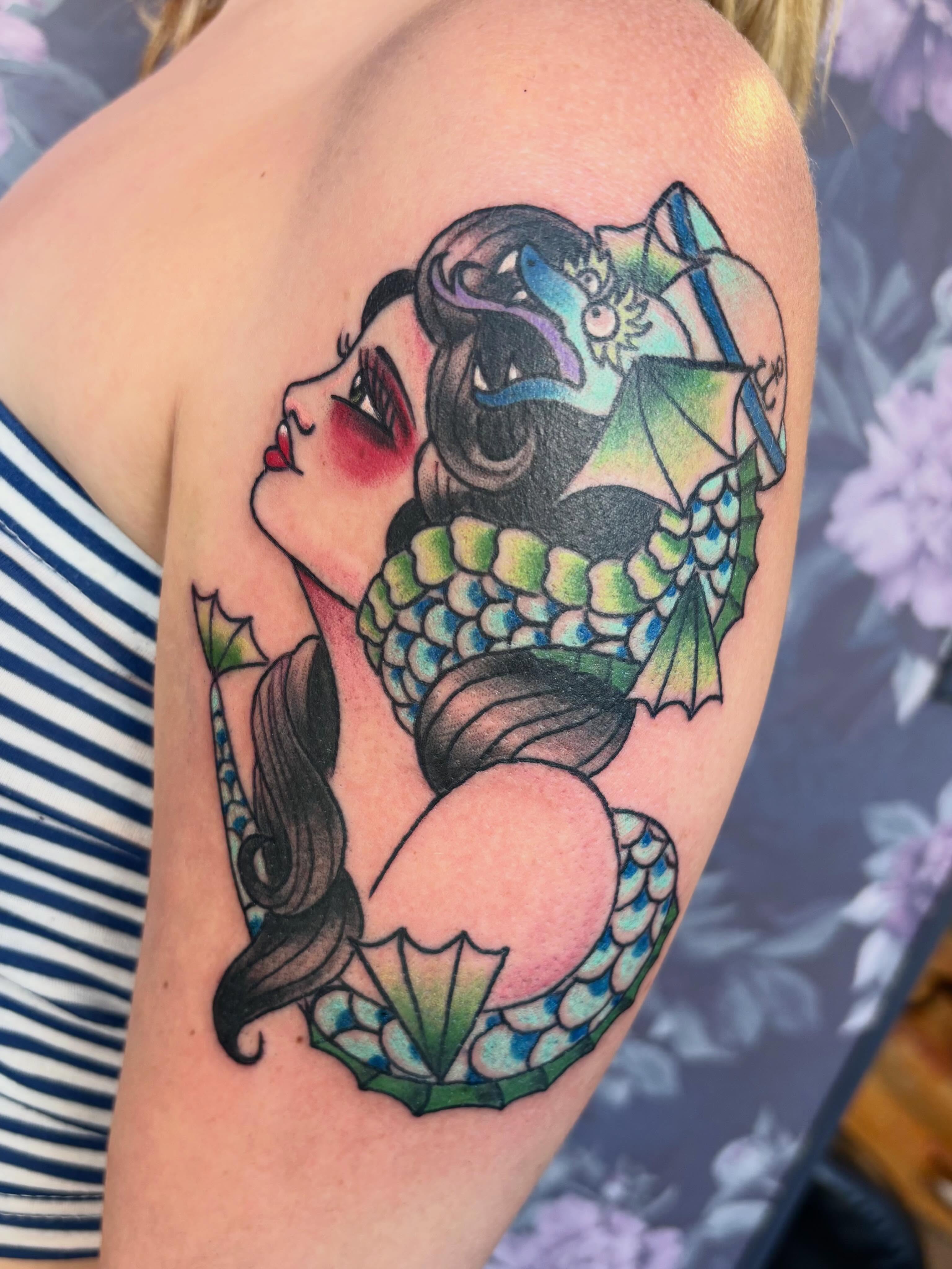 Mermaid American traditional tattoo on the shoulder by Bre Alex