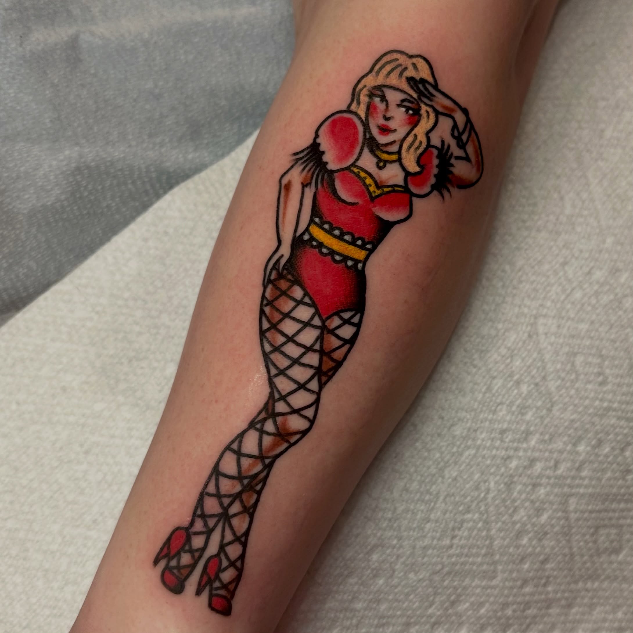 Mermaid American traditional tattoo on the forearm by rachel knabe