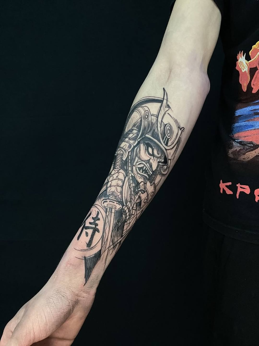 Samurai mask and sword realism tattoo on the forearm by Alexey Molyarenko