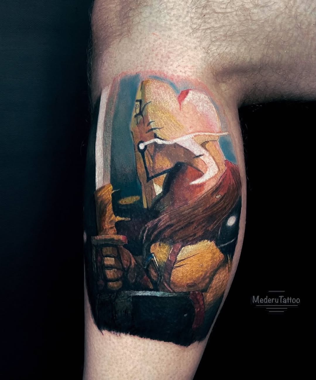 Samurai warrior with sword dark art tattoo on the forearm by Alexey Molyarenko