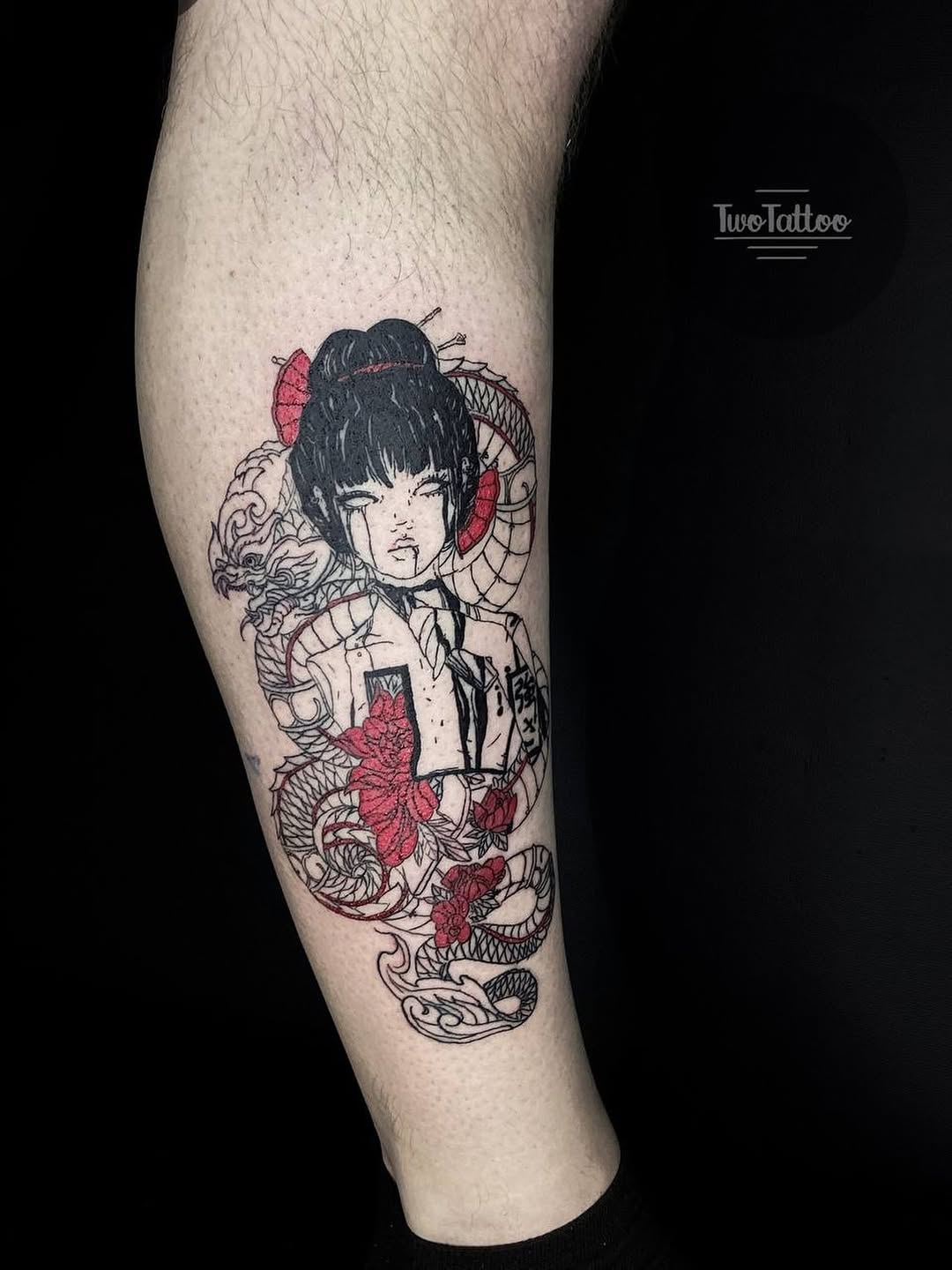 Geisha and dragon anime tattoo on the forearm by Alexey Molyarenko