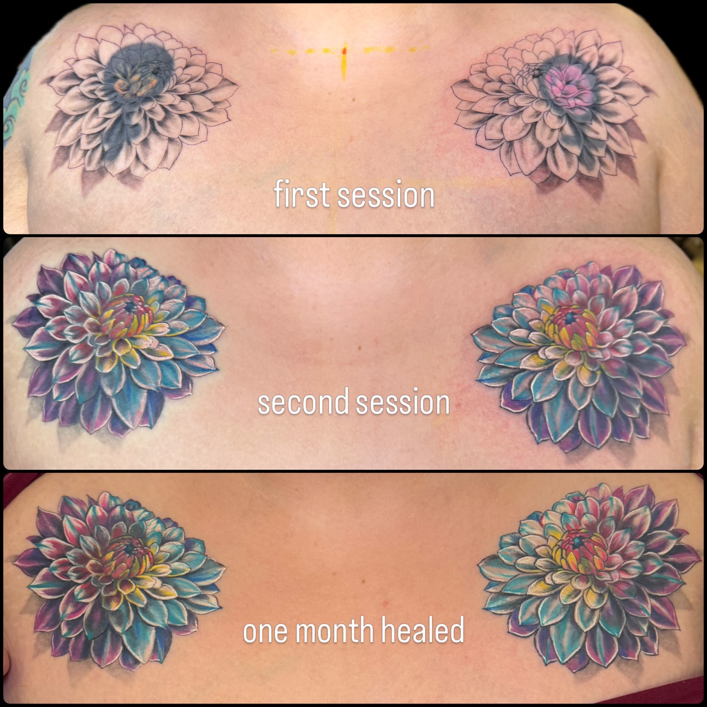 Dahlia new school tattoo on the shoulder by Dani Fried Tattoos