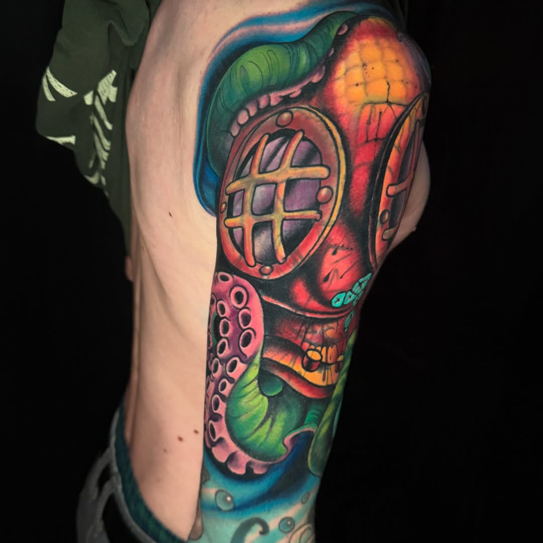 Diving helmet realism tattoo on the forearm by JoshUA Bowers, Des Moines, Iowa