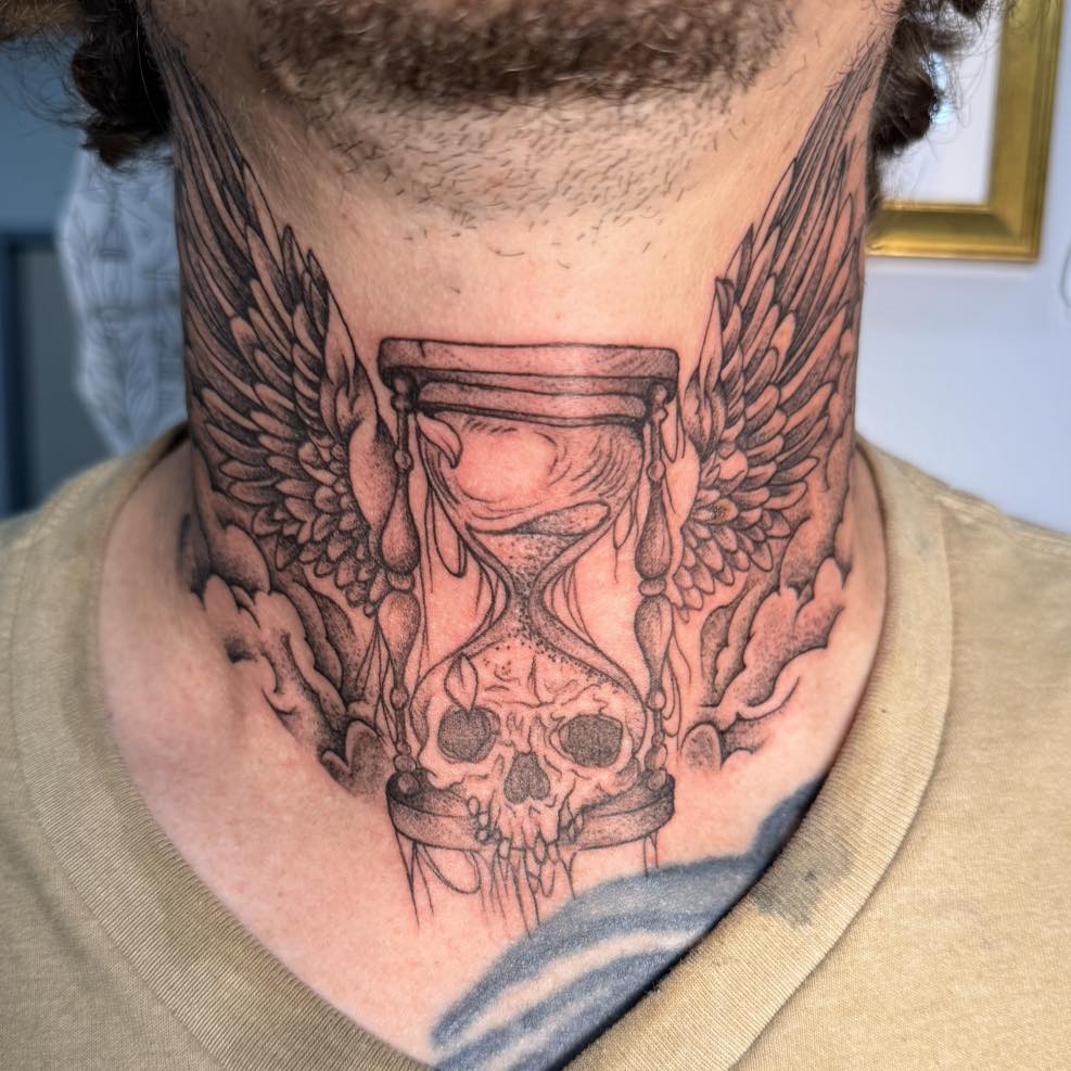 Hourglass and skull black and grey tattoo on the neck by Destiny A