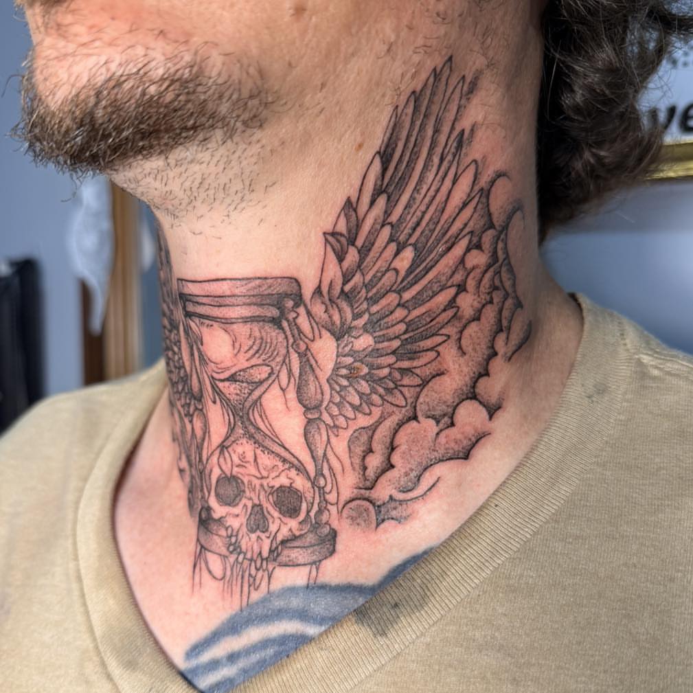 Hourglass and skulls black and grey tattoo on the neck by Destiny A