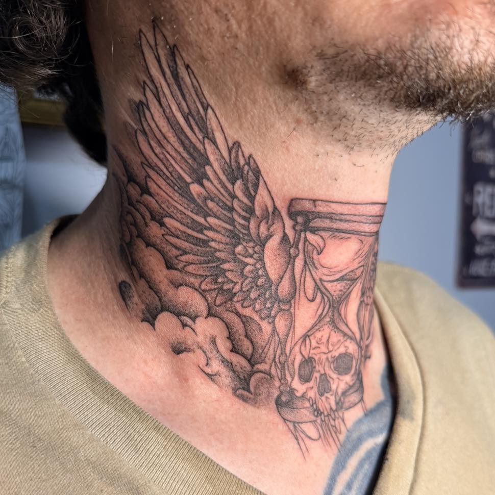 Hourglass and skull realism tattoo on the neck by Destiny A