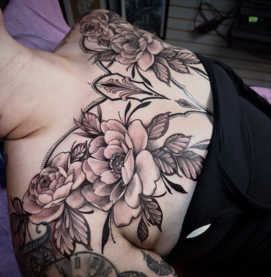 Tattoo by @saltyflamingotattoo — black_and_grey, ornamental