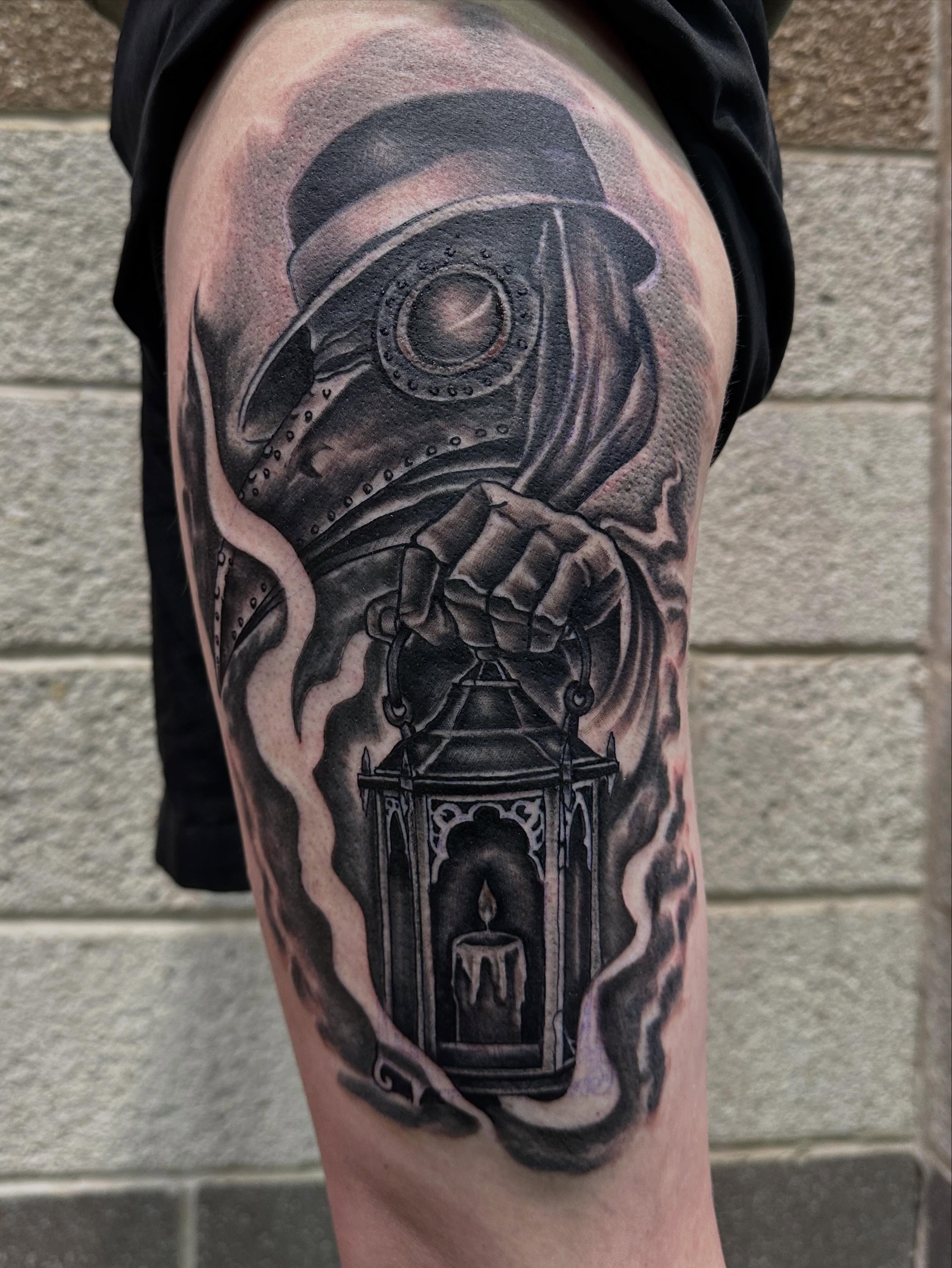 Plague doctor with lantern realism tattoo on the thigh by DFW