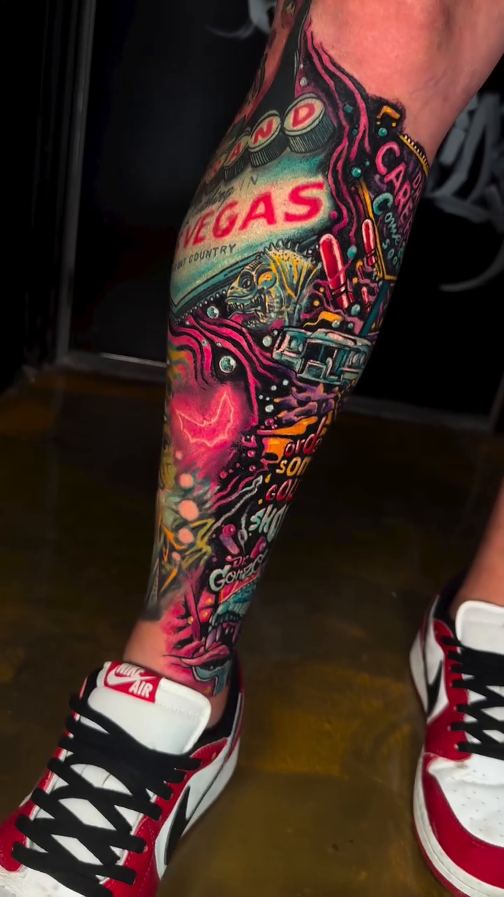 Vegas-themed collage new school tattoo by Joseph Delaparra