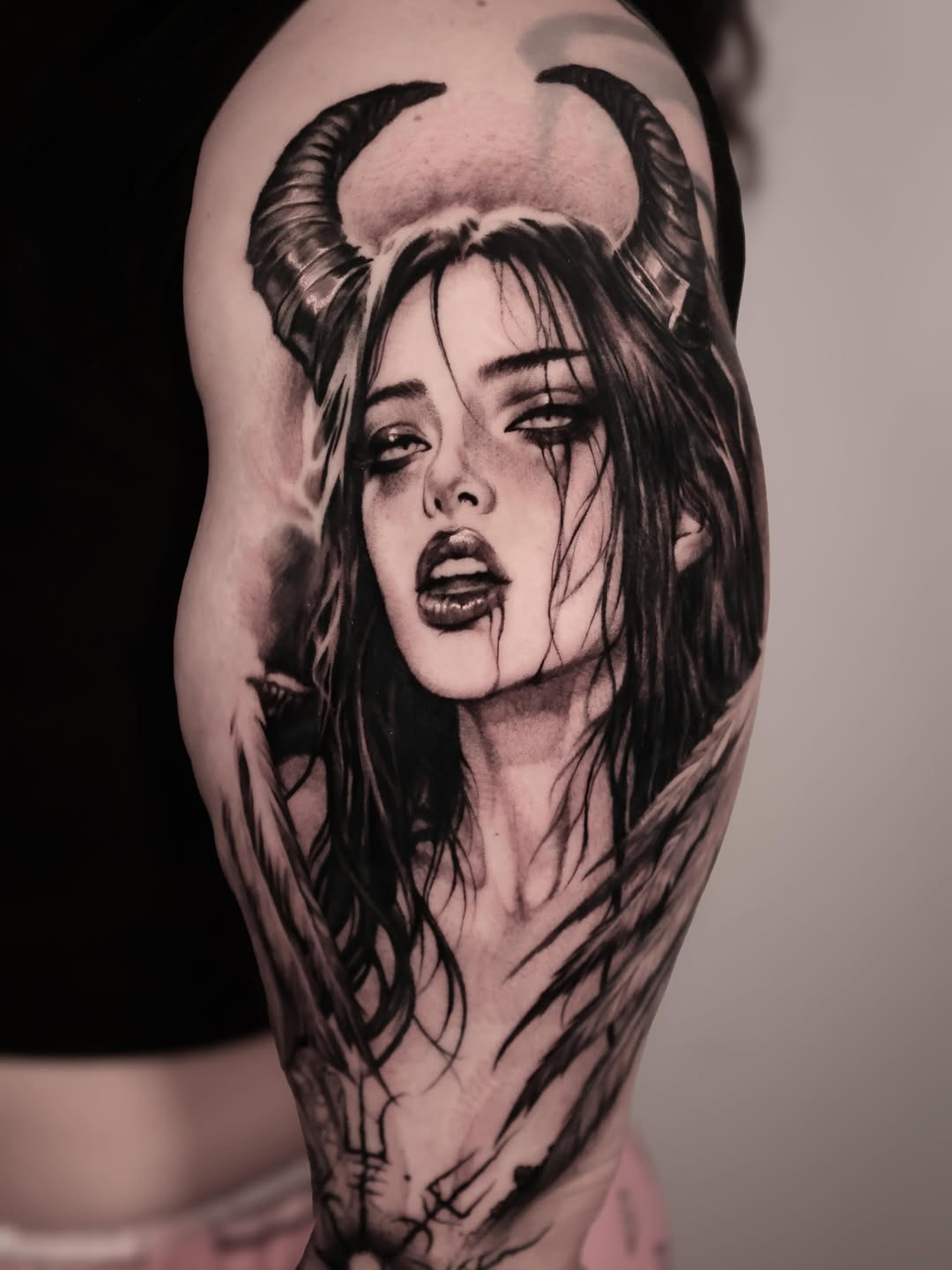 Demon woman portrait realism tattoo on the shoulder by Anna Chernova, San Francisco, California