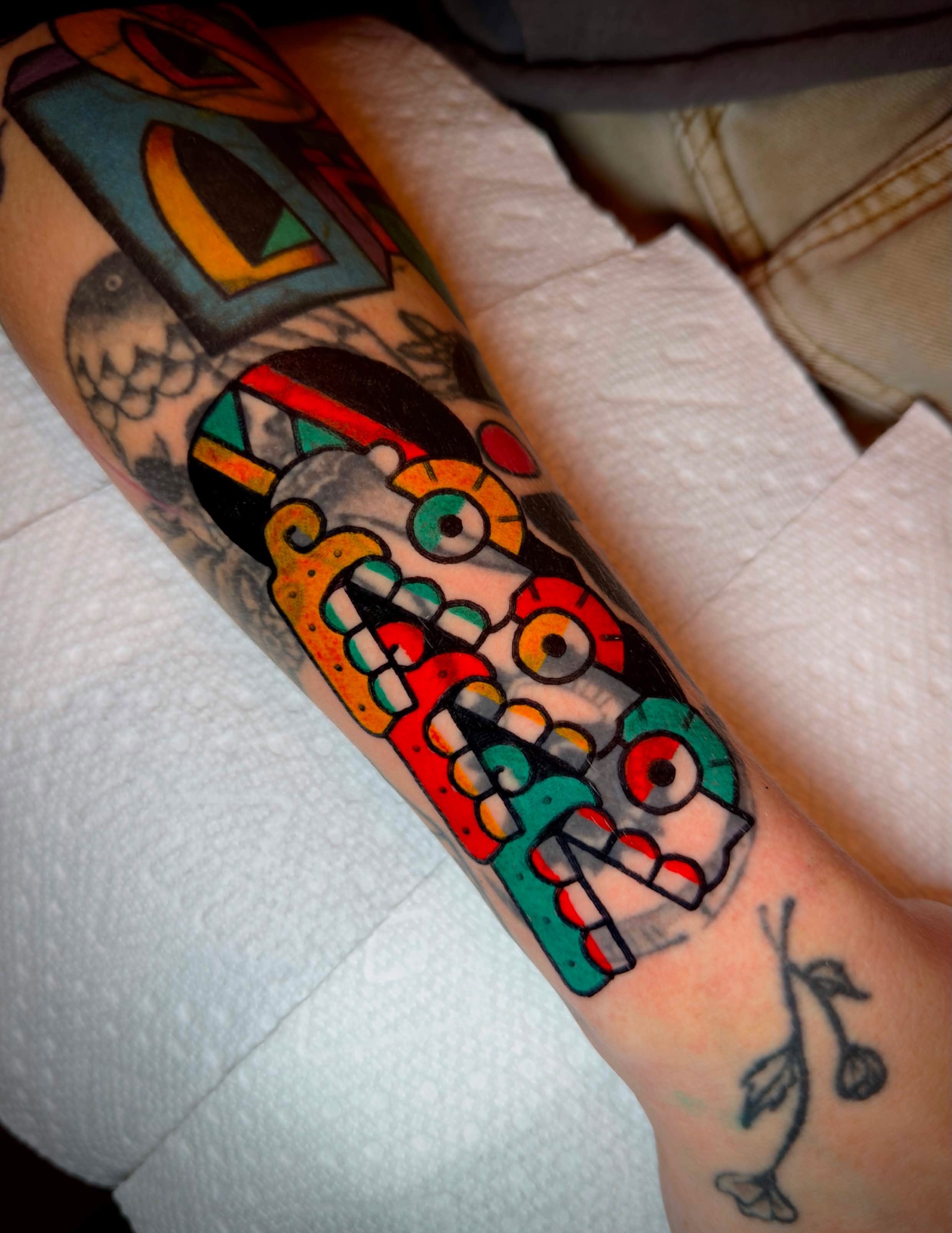 Mask American traditional tattoo on the forearm by โ L O S โ ๐ฒ๐ฝ