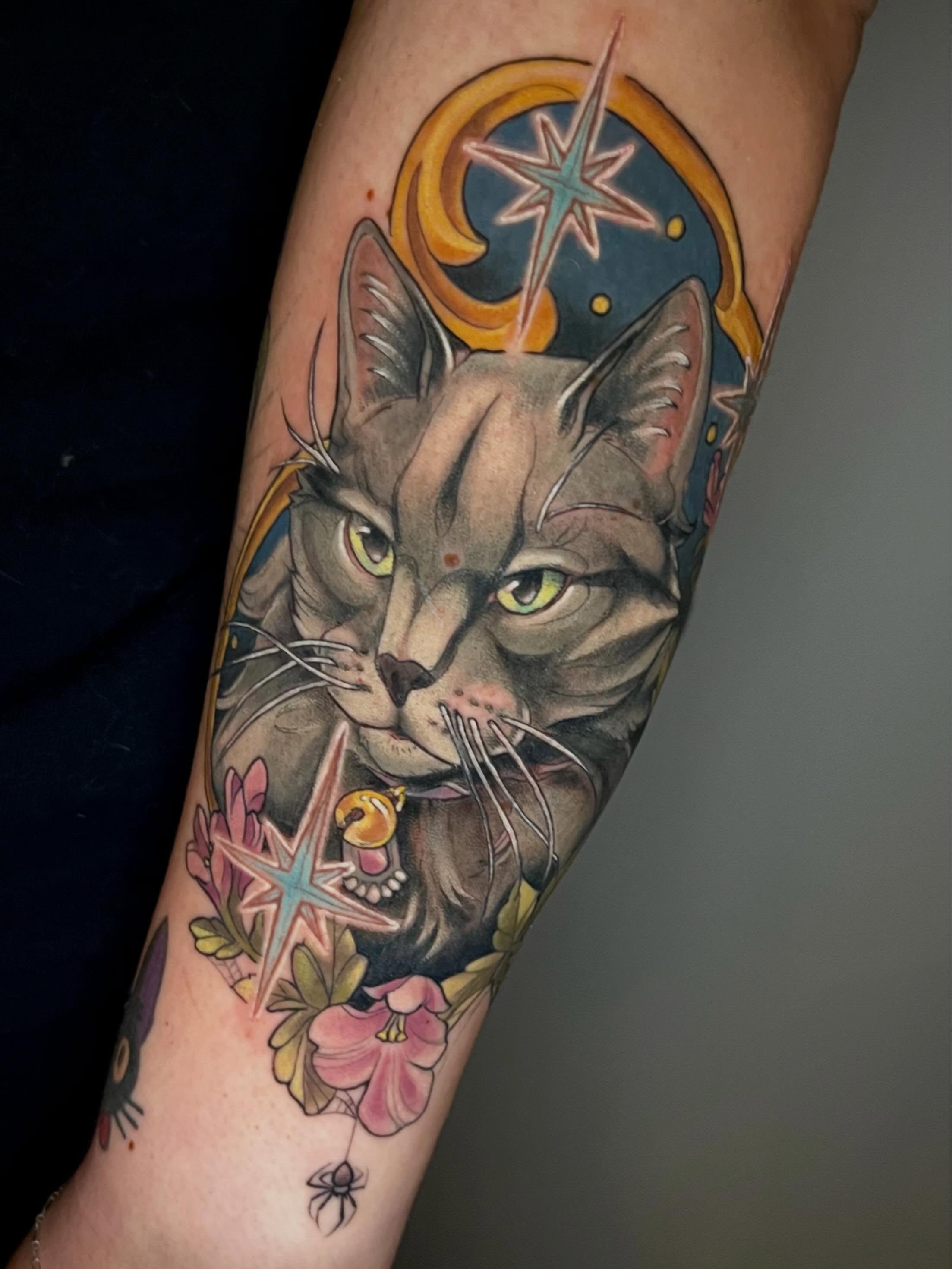Cat with celestial elements realism tattoo on the forearm by Cassandra