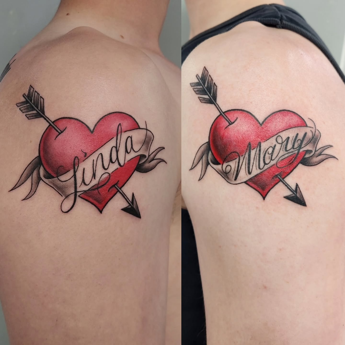 Heart with arrows and names American traditional tattoo on the shoulder by Jason August