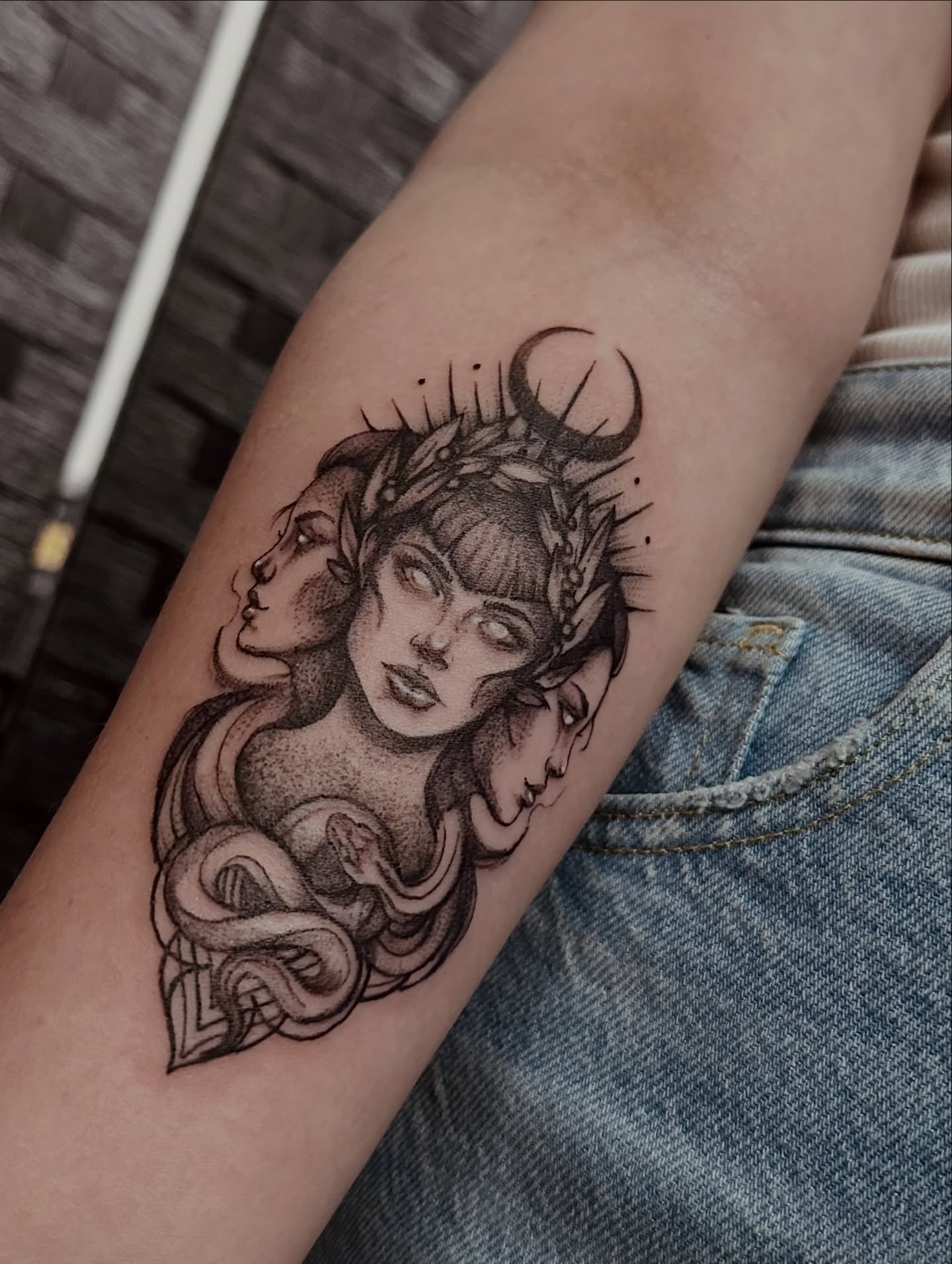 Woman with snakes dotwork tattoo on the forearm by Marlyn “Lala”