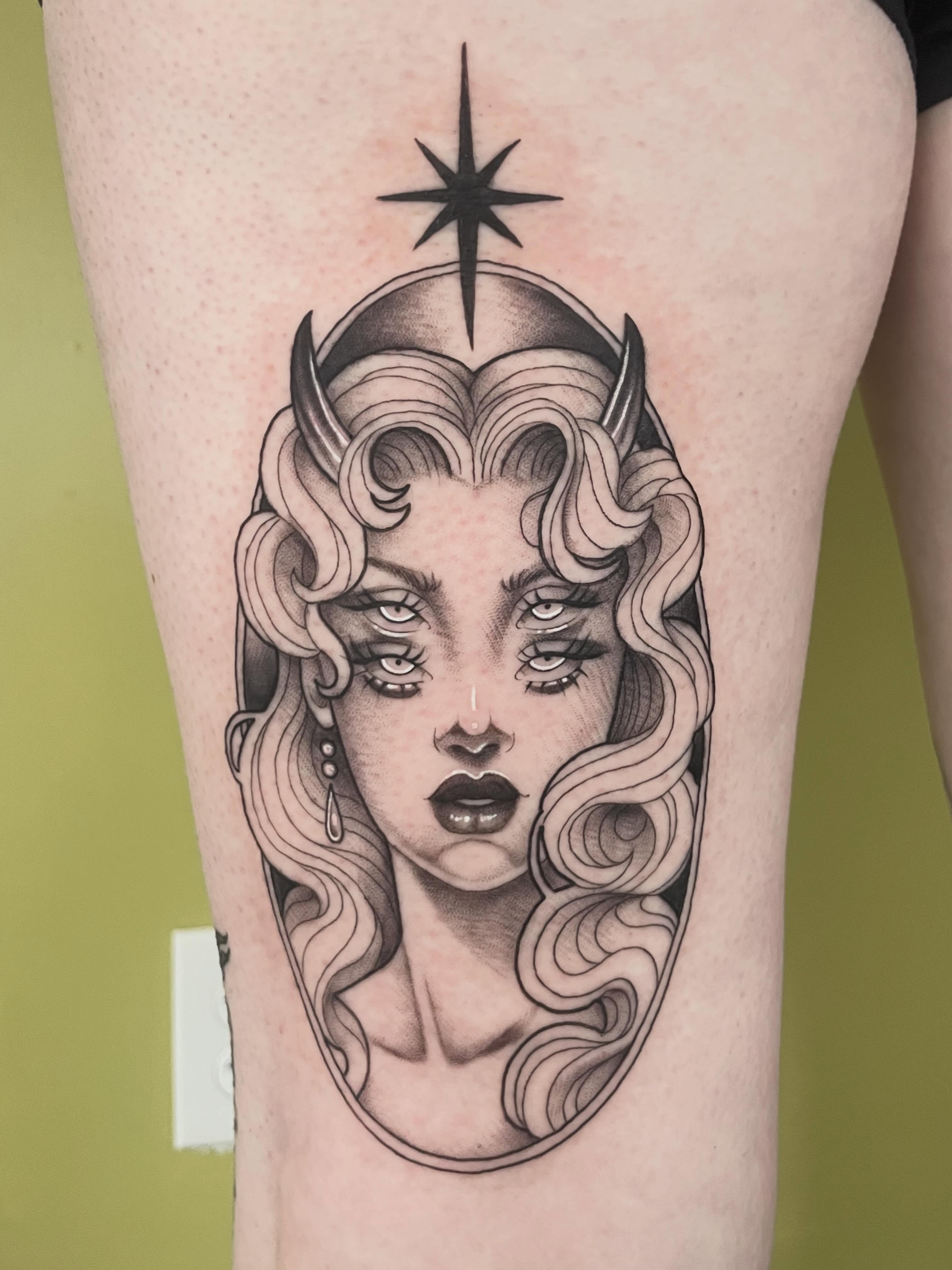 Woman with horns realism tattoo on the forearm by ✨Erin Haines✨