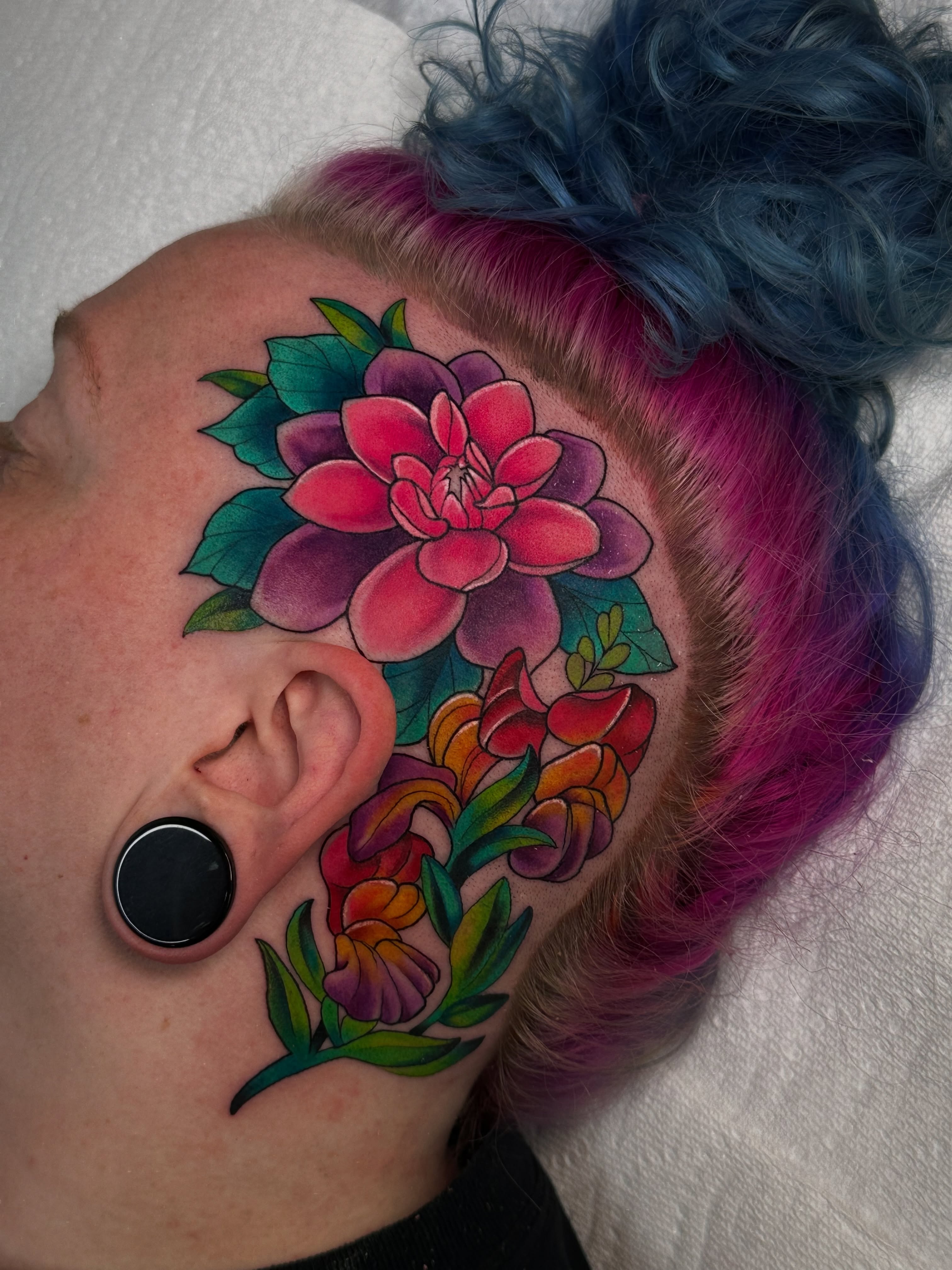 Floral arrangement American traditional tattoo on the neck by โ ๐ฟ๐๐ ๐ญ๐๐๐๐