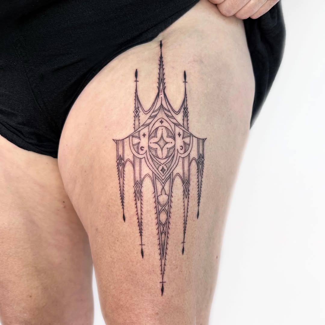 Ornamental gothic design cyber sigilism tattoo on the thigh by Nika