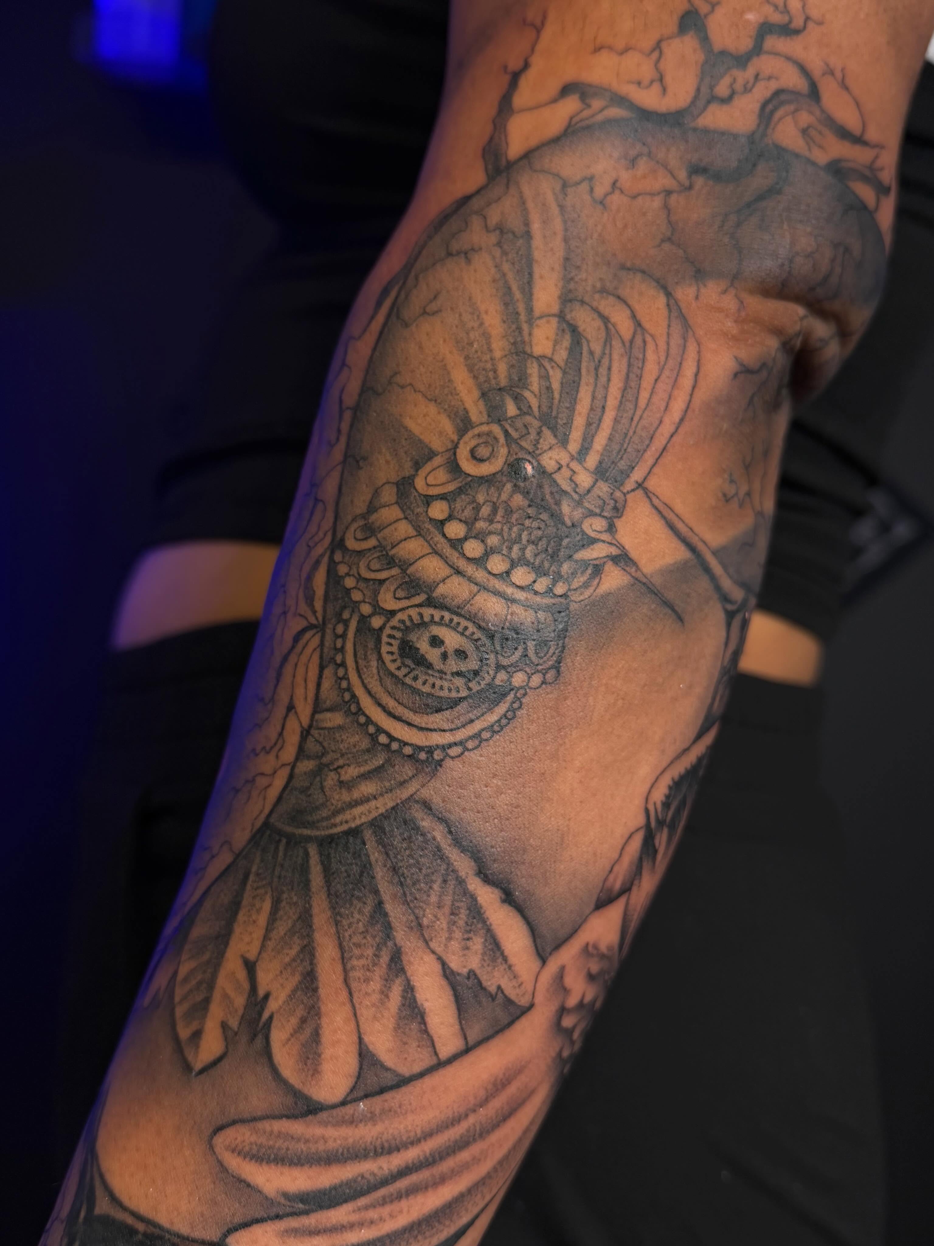 Mexican warrior geometric tattoo on the forearm by San Diego Tattoo Artist