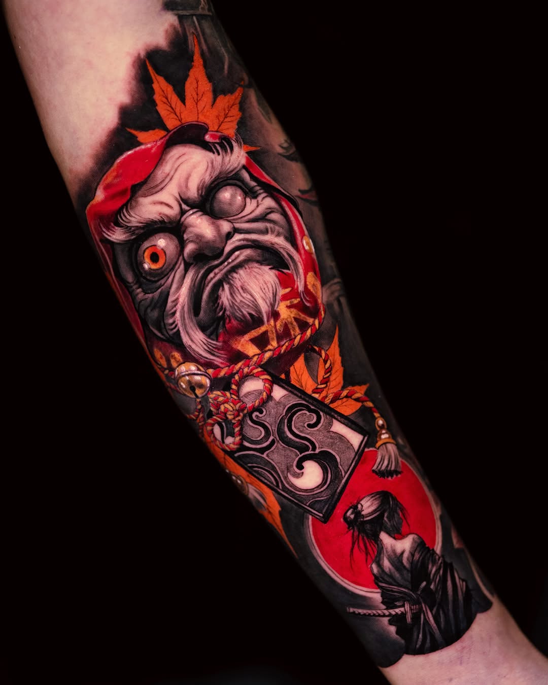 Daruma doll and samurai woman Japanese tattoo on the forearm by Marcos Salamanca