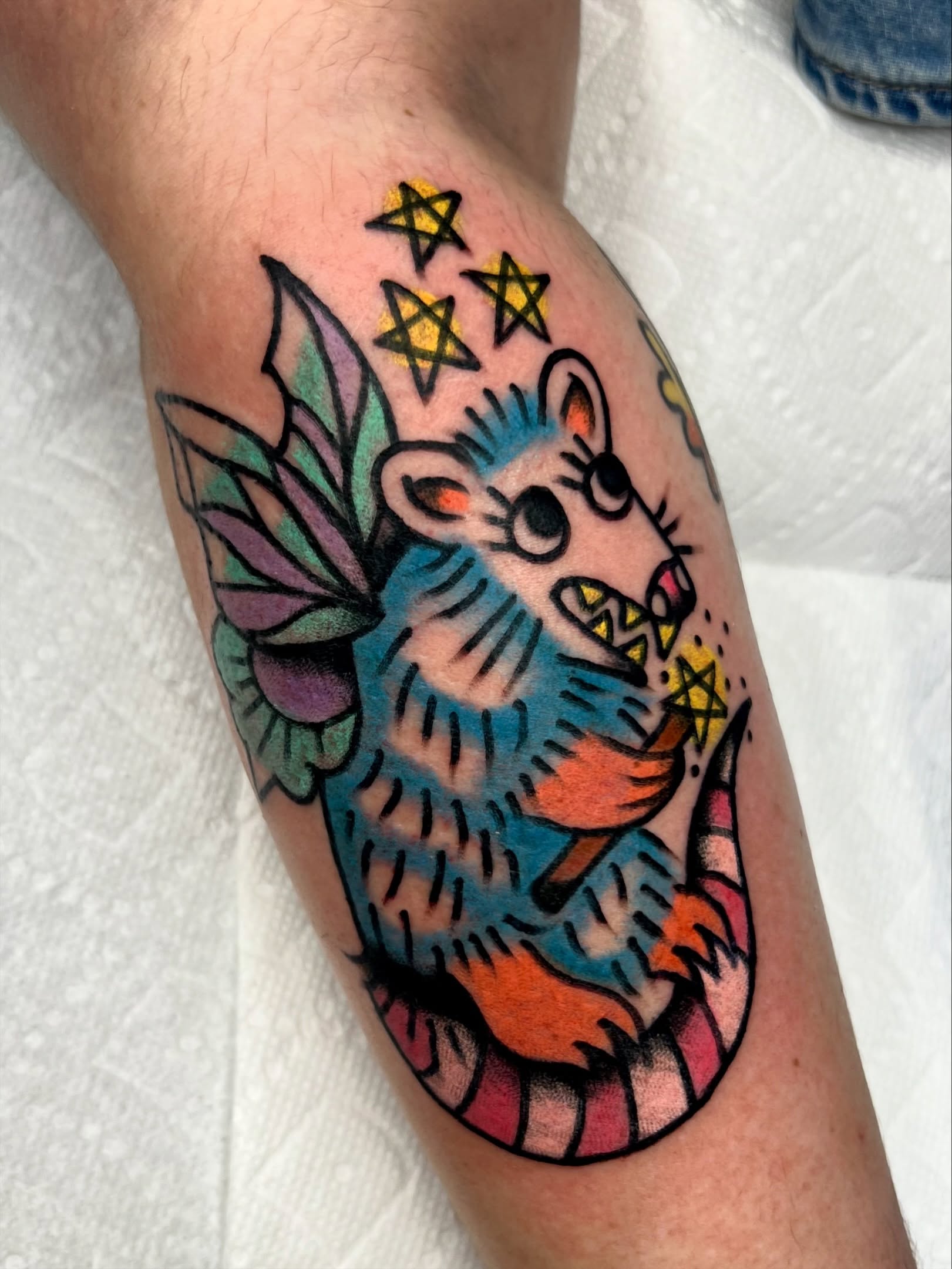 Bat American traditional tattoo on the forearm by Sierra Mack