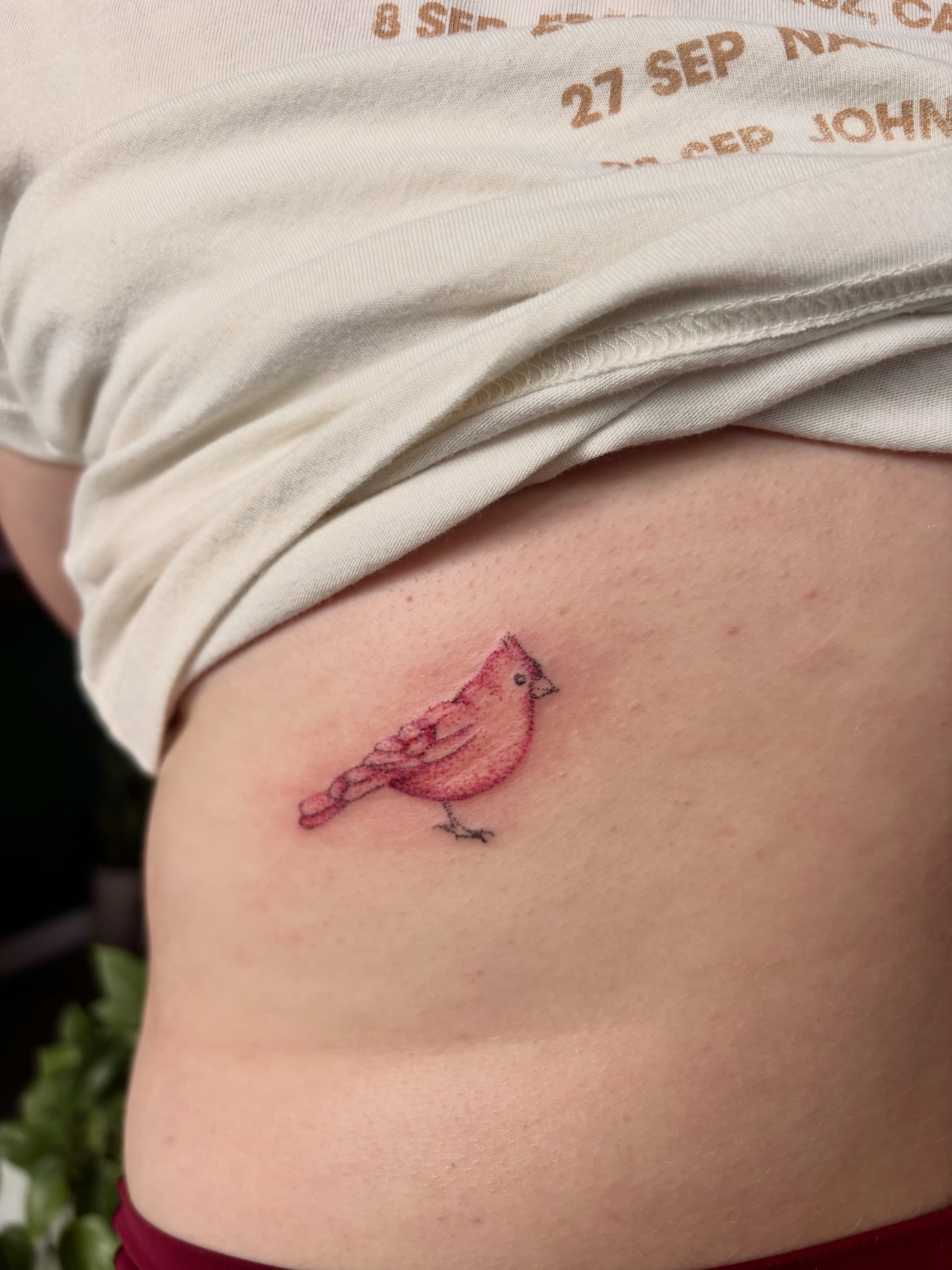 Cardinal bird realism tattoo on the ribs by Ashley, Elk Horn, Iowa