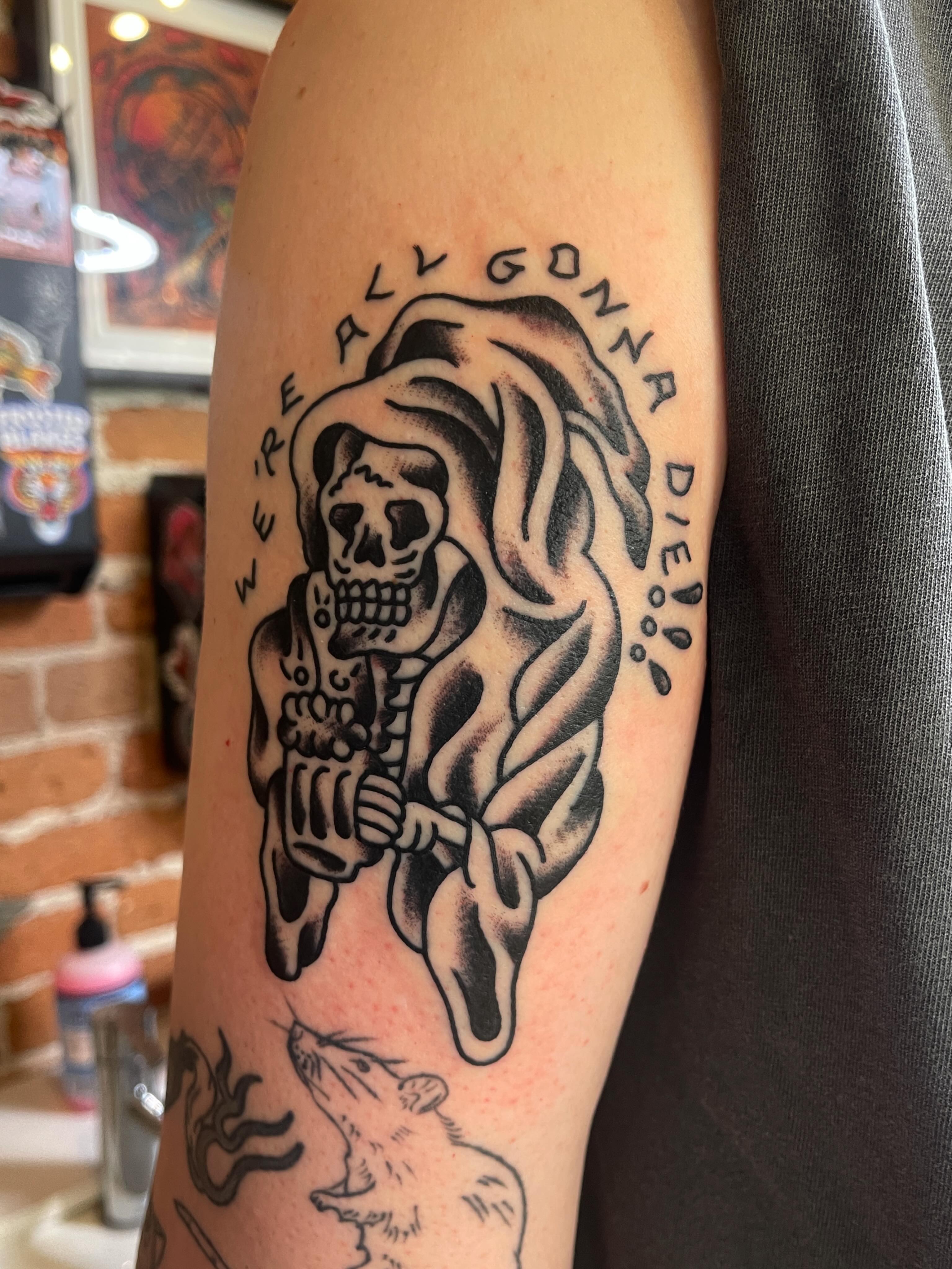 Reaper skeleton American traditional tattoo on the forearm by Spencer Reisbeck