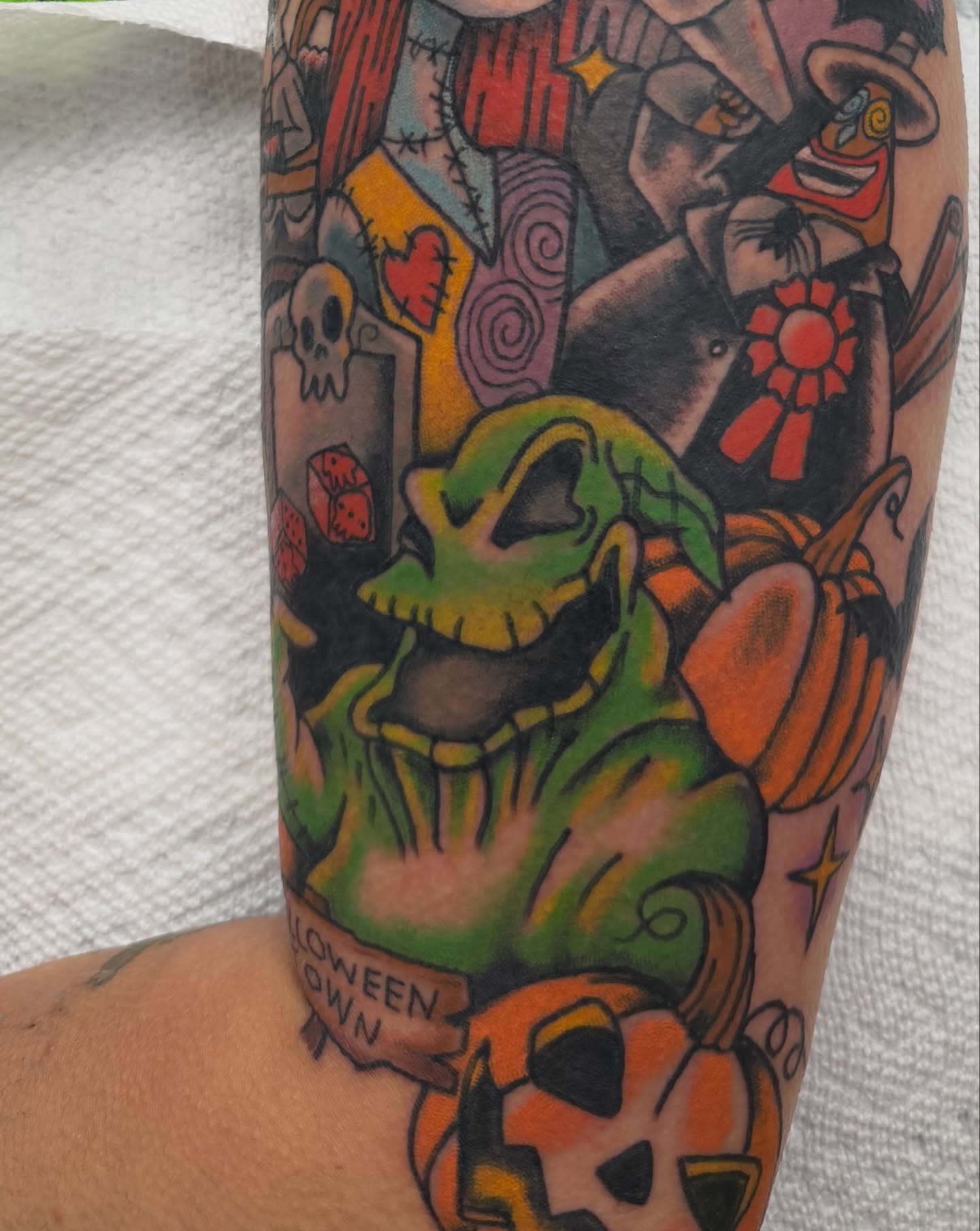 Halloween-themed character American traditional tattoo on the forearm by c☮︎urt