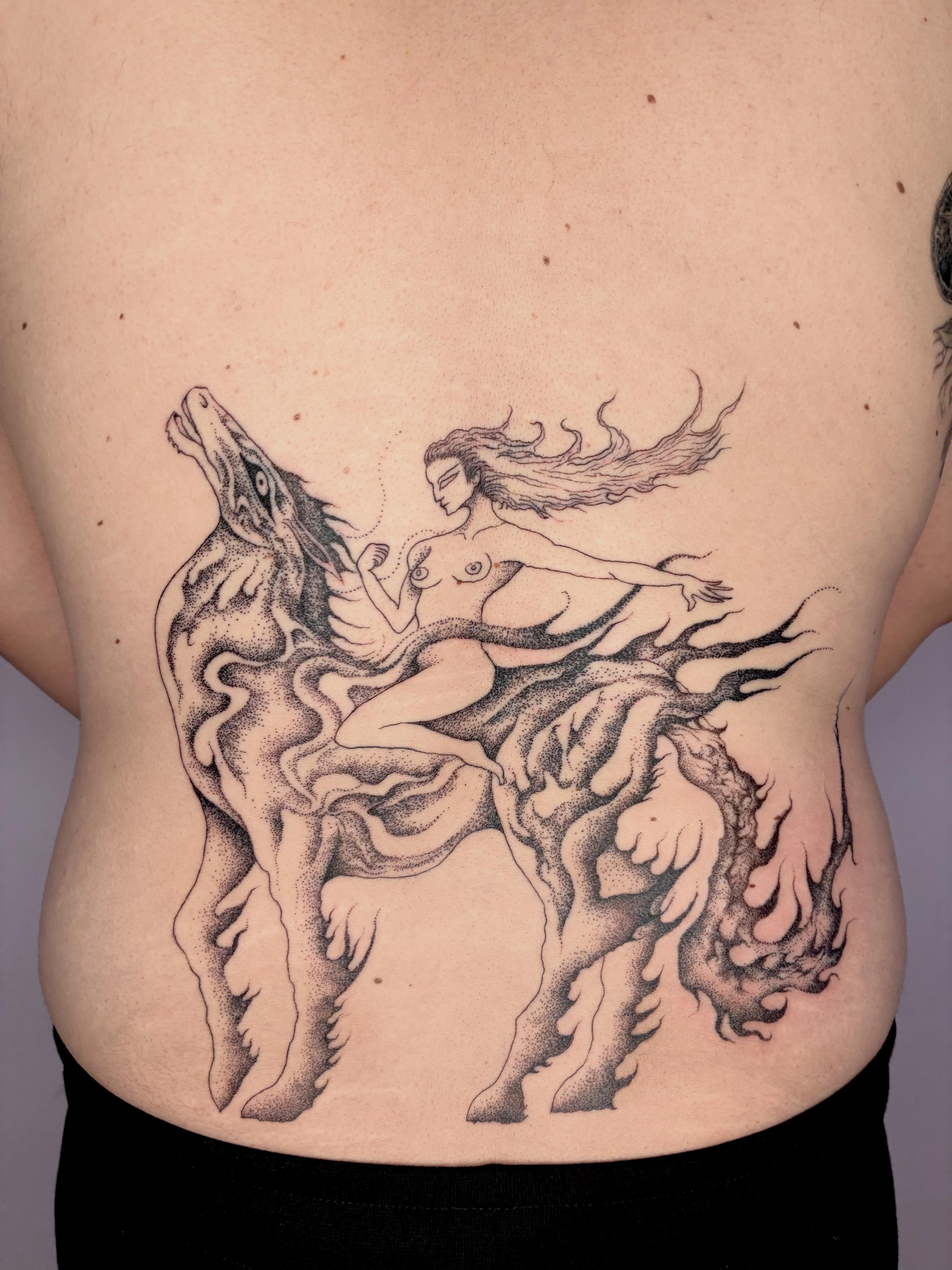 Naked woman riding horse dotwork tattoo on the back by ∘≁≀Gæish∀ ⍕ ◯⊂ⅇl⌾tl≀≁∘
