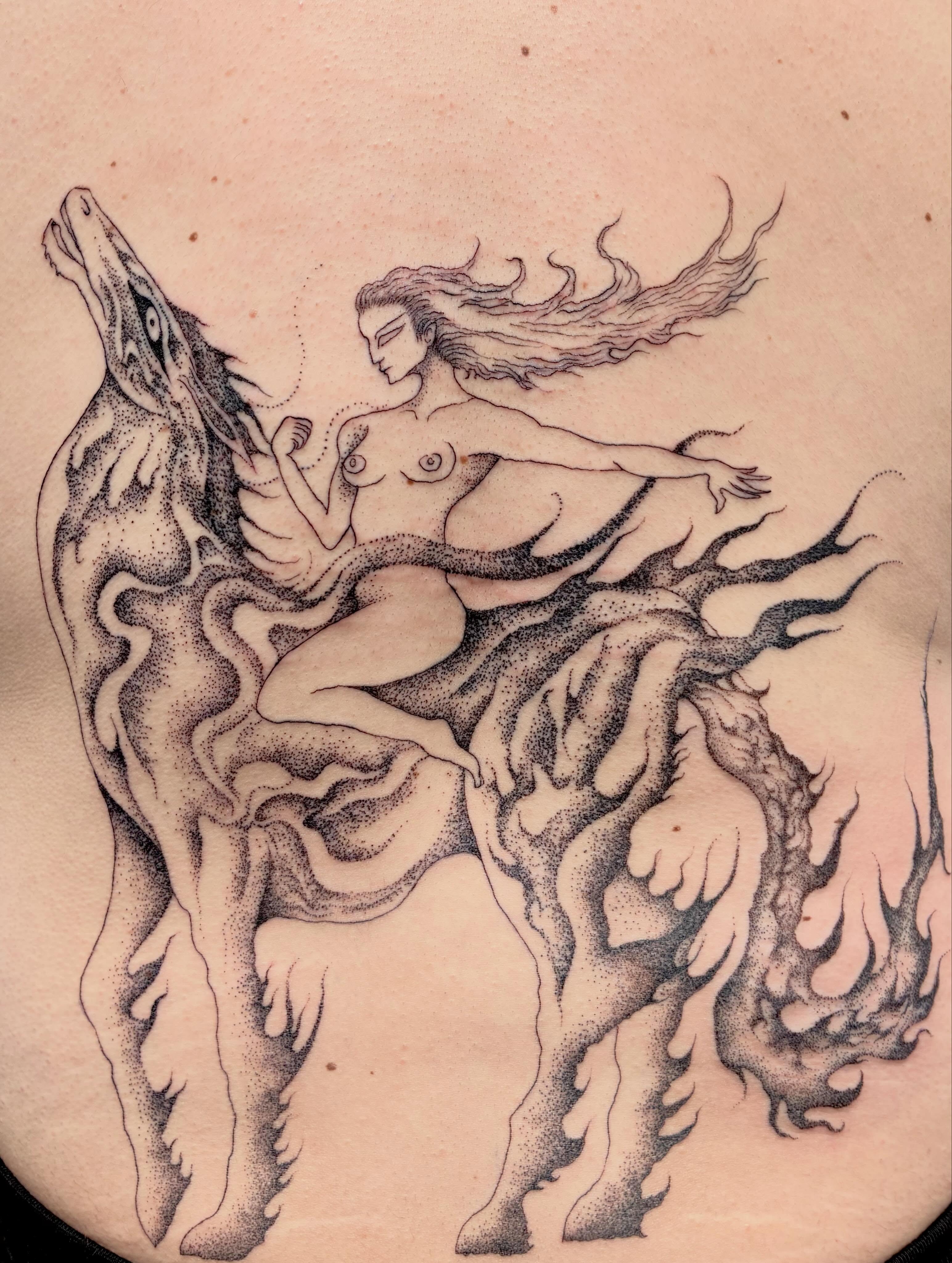 Wolf and woman dotwork tattoo on the torso by ∘≁≀Gæish∀ ⍕ ◯⊂ⅇl⌾tl≀≁∘