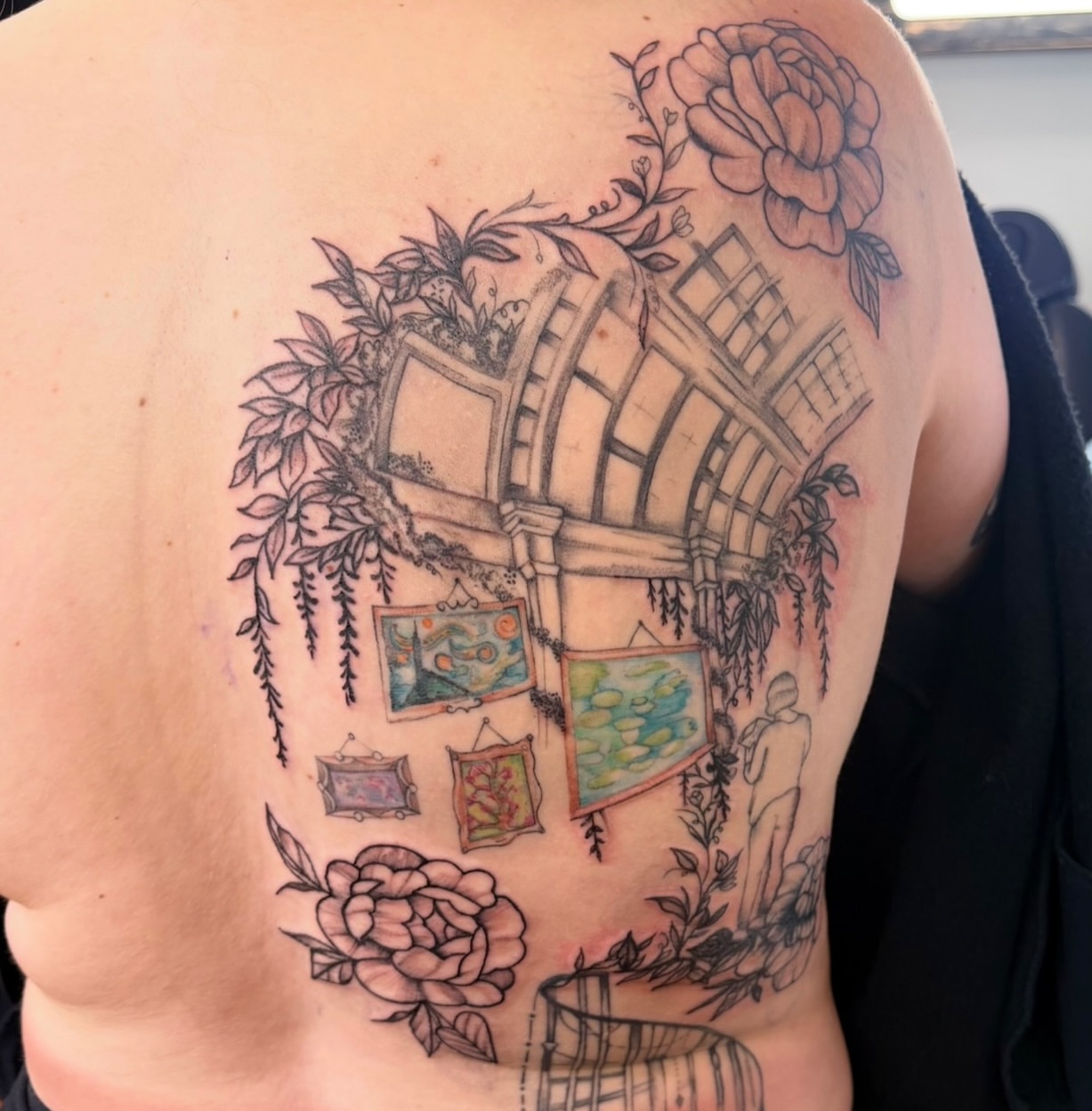 Archway with paintings neo-traditional tattoo on the shoulder by Lindsay Shriver