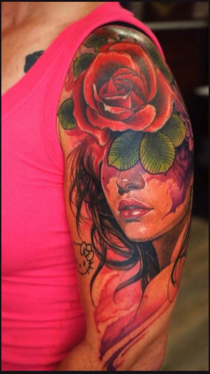Woman with rose realism tattoo by Tony Johnson - Tattoo Artist, Huntsville, Alabama