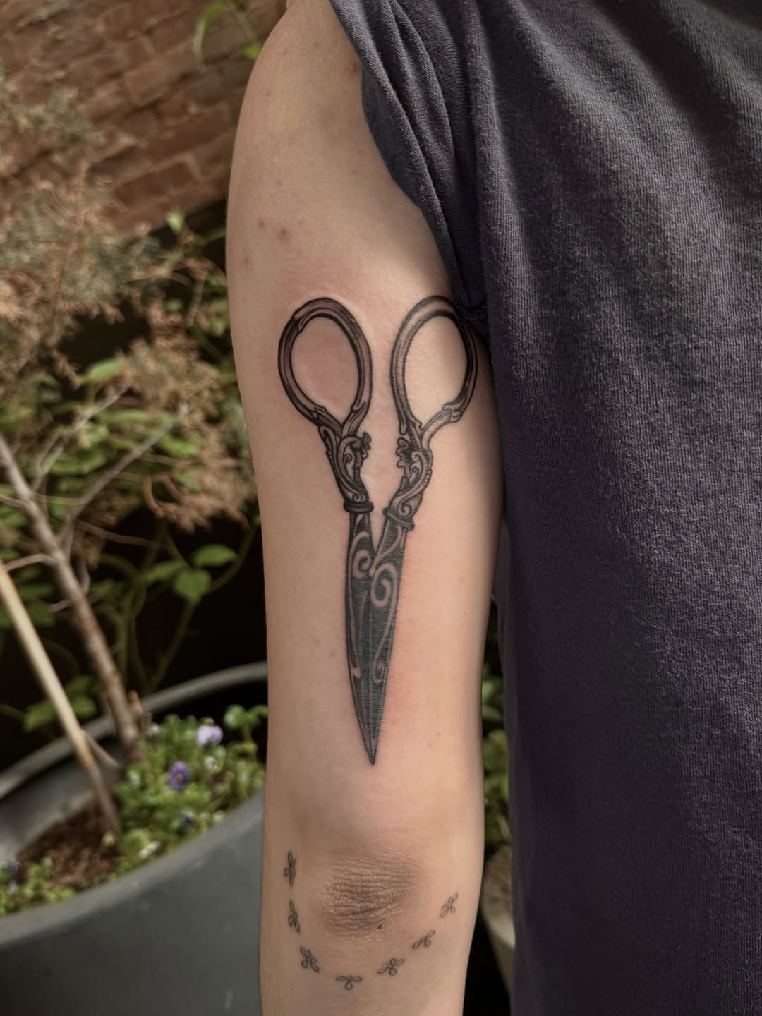 Ornate scissors minimalist tattoo on the forearm by Ivy🌱, New York, New York