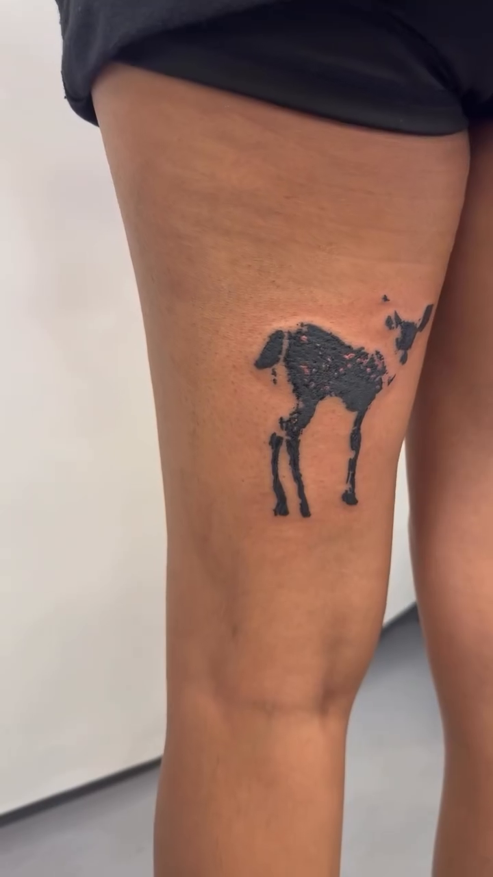 Deer fawn fine line tattoo on the leg by Joey tattoo