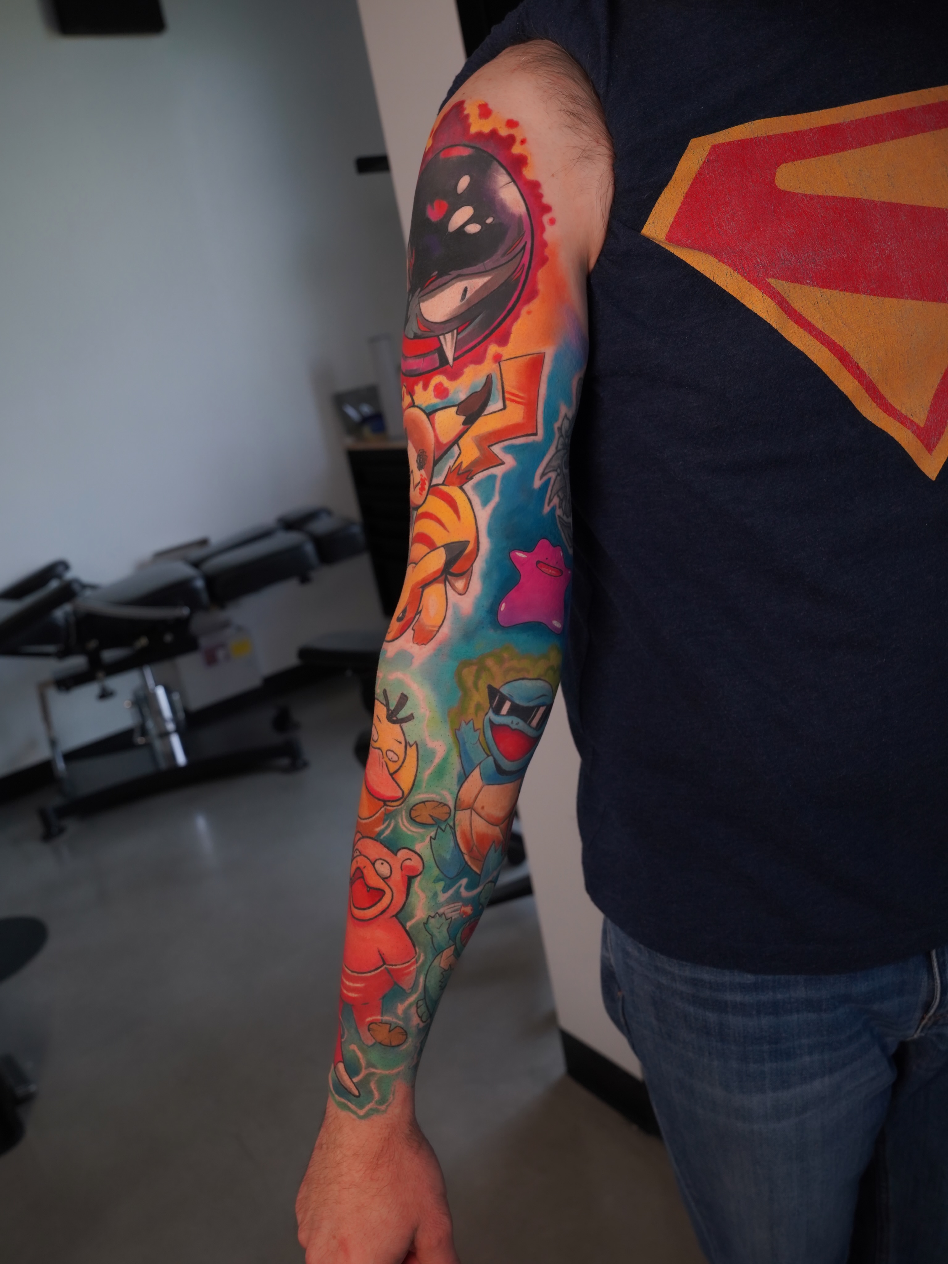 Pokémon characters new school tattoo on the forearm by Derek Foferek, Charlotte, North Carolina