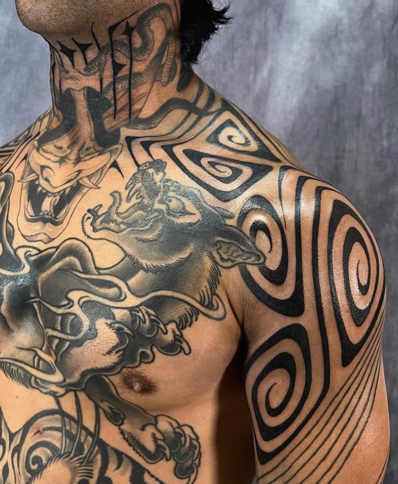 Tattoo by @katnoirink — japanese_irezumi, black_and_grey