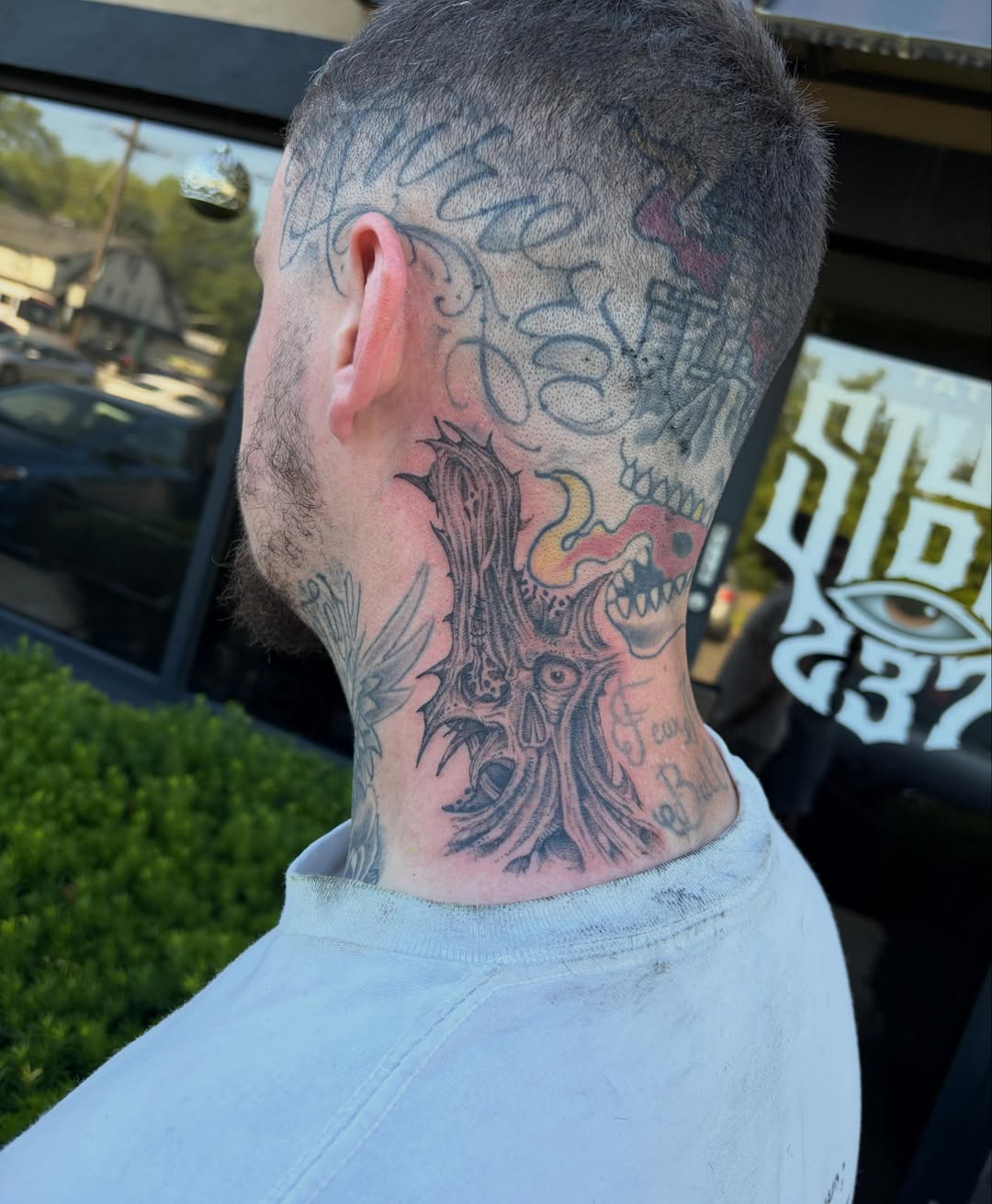 Demon dark realism tattoo on the neck by Crawlspacecadet