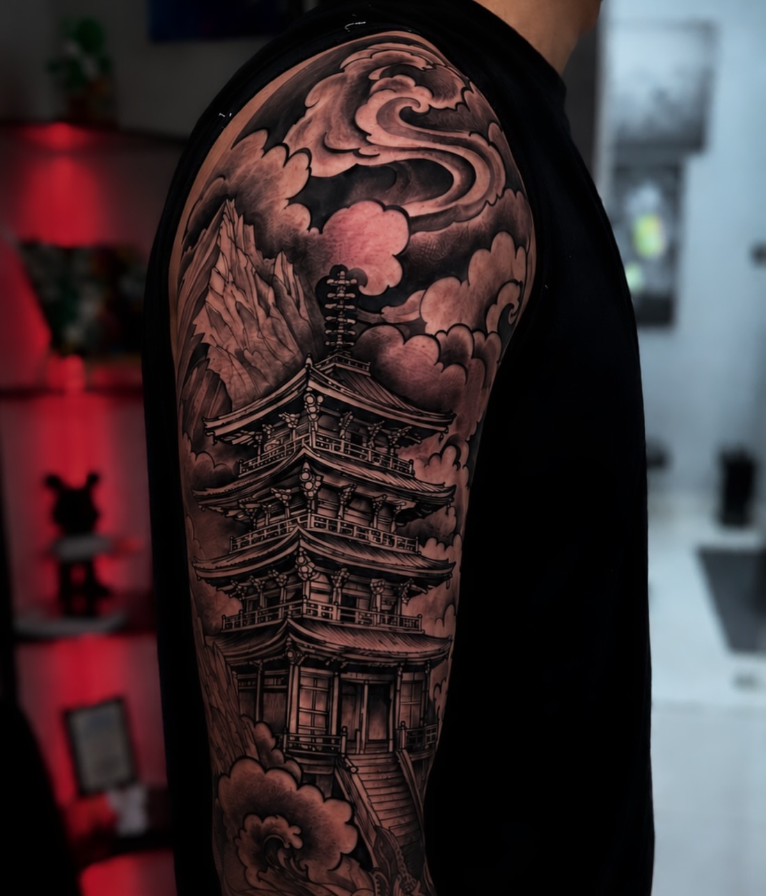 Pagoda black and grey tattoo on the forearm by Eyinay Cabezas 🇨🇺🇺🇸