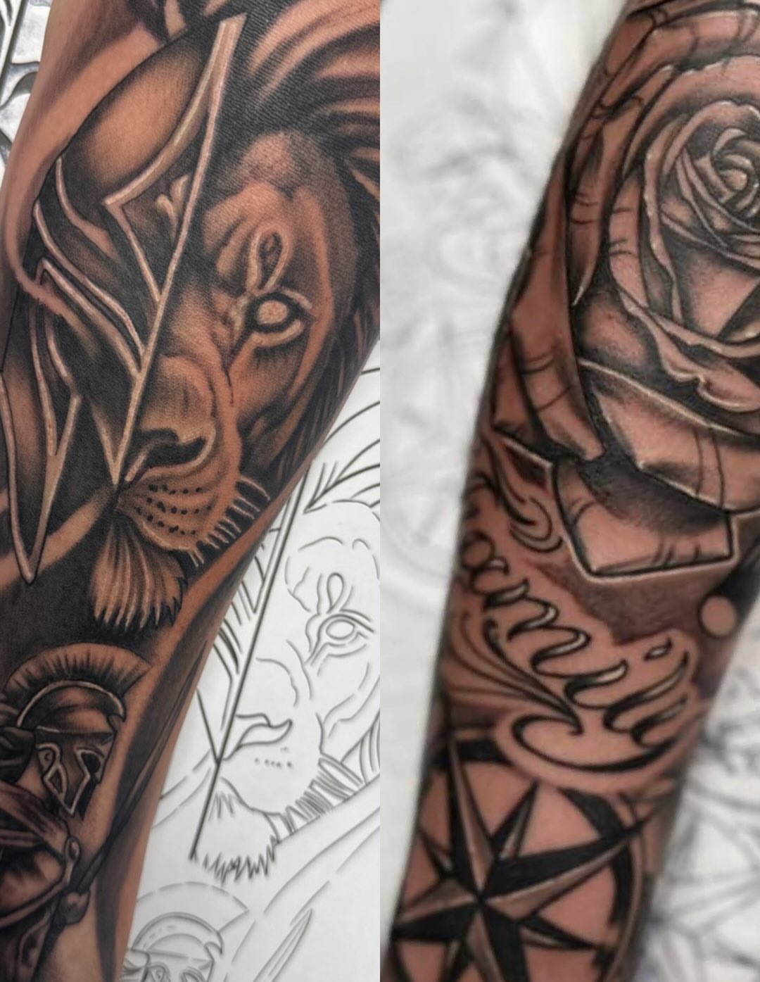 Lion and rose realism tattoo on the forearm by Vincent Merys