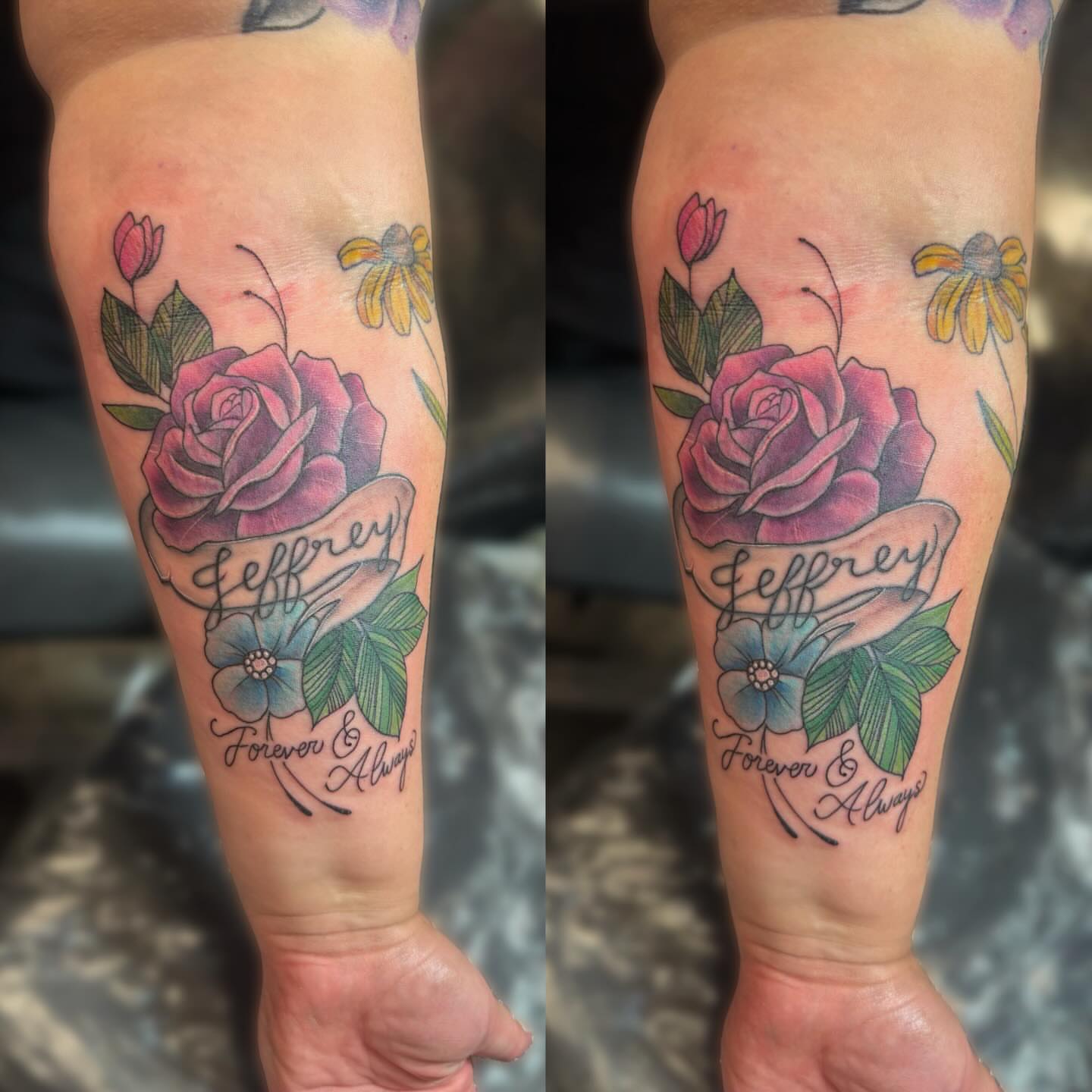 Rose and floral arrangement American traditional tattoo on the forearm by Kelsey 🖤 Tattoo Artist, Waterford Township