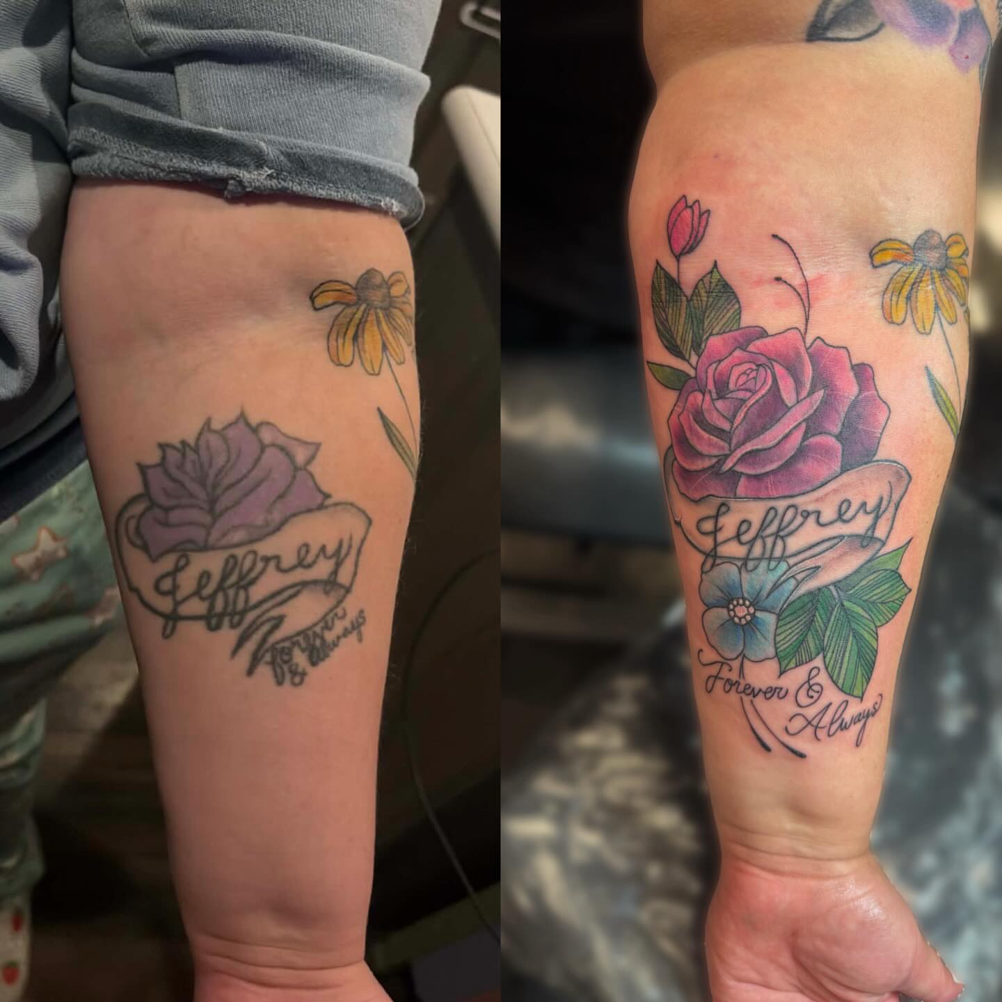 Rose and flowers American traditional tattoo on the forearm by Kelsey 🖤 Tattoo Artist, Waterford Township